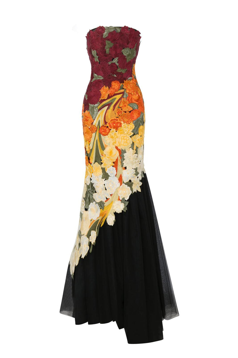 Li Beirut M1136 – Black Strapless Mermaid Gown with 3D Floral Embroidery