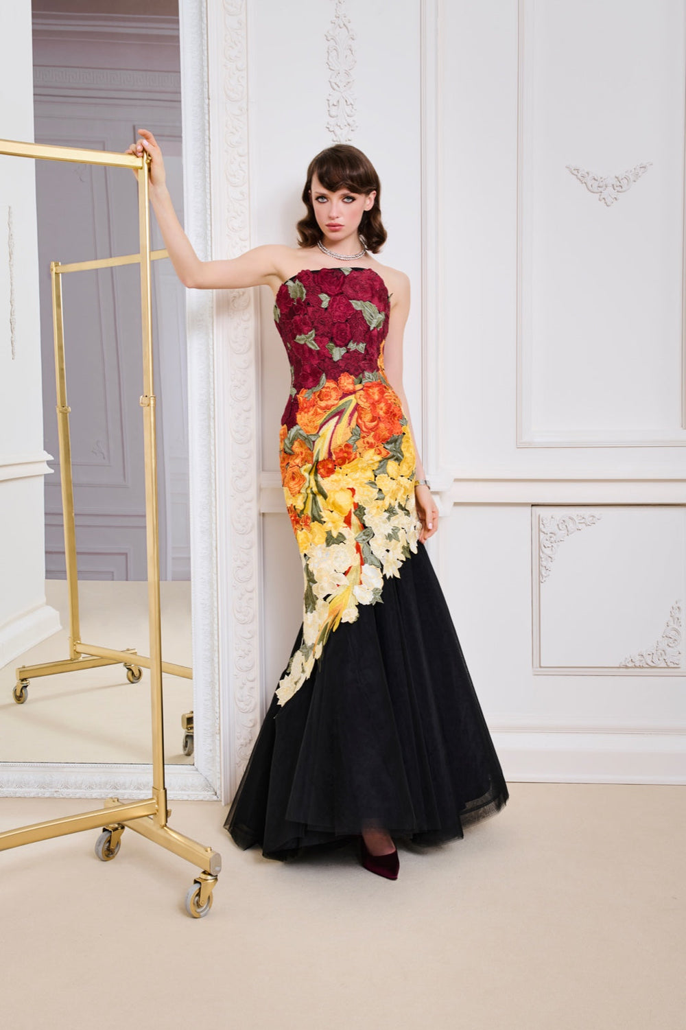 Li Beirut M1136 – Black Strapless Mermaid Gown with 3D Floral Embroidery