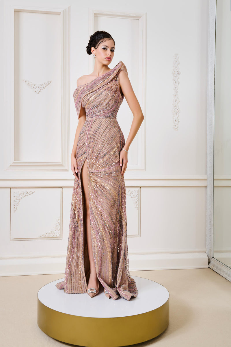 Li Beirut M1137 – Rose Gold One-Shoulder Beaded Evening Gown with Front Slit