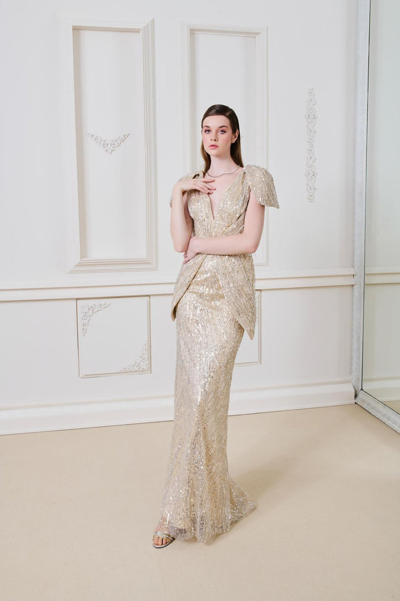 Li Beirut M1138 – Gold Sequin Deep V Evening Gown with Sculptural Hip Panels