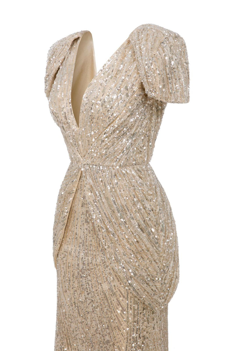 Li Beirut M1138 – Gold Sequin Deep V Evening Gown with Sculptural Hip Panels