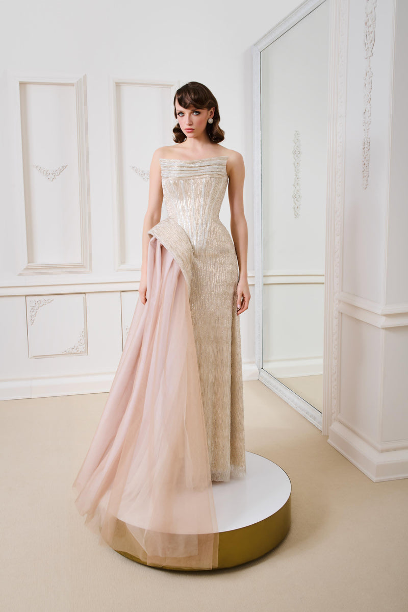 Li Beirut M1139 – Gold Strapless Sequin Evening Gown with Blush Tulle Overlay