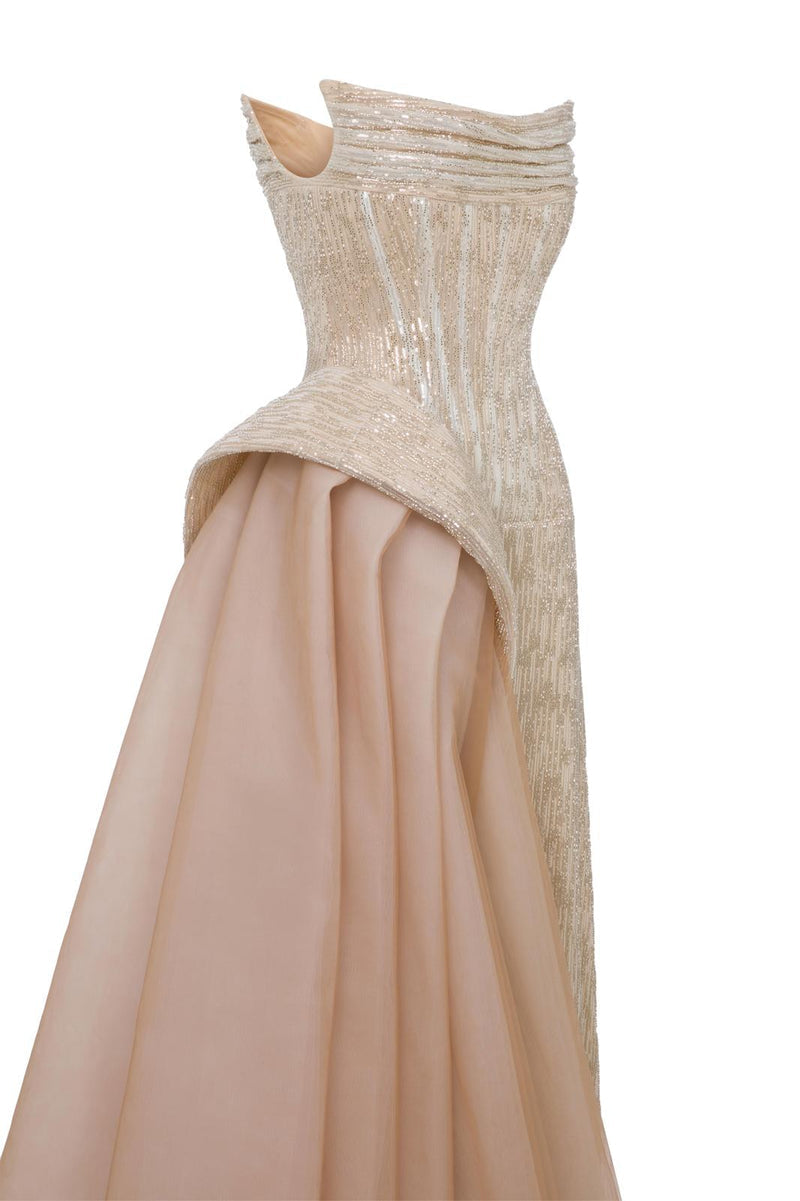 Li Beirut M1139 – Gold Strapless Sequin Evening Gown with Blush Tulle Overlay