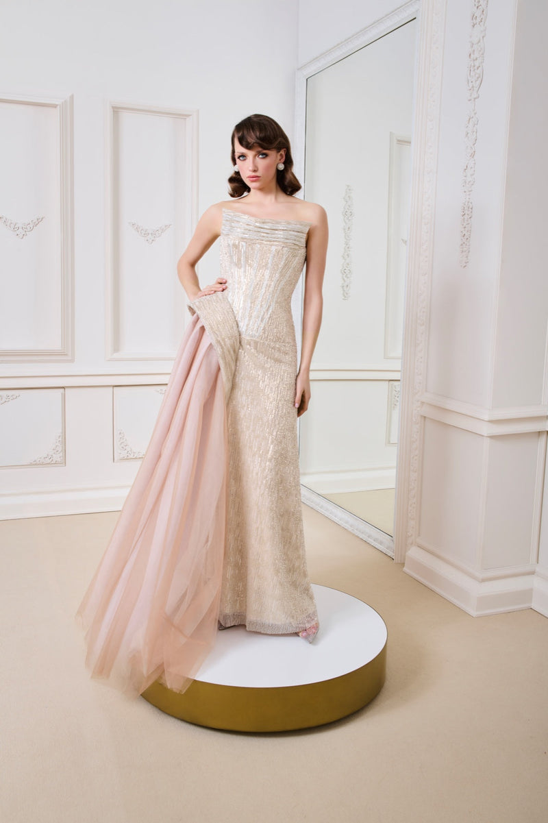 Li Beirut M1139 – Gold Strapless Sequin Evening Gown with Blush Tulle Overlay
