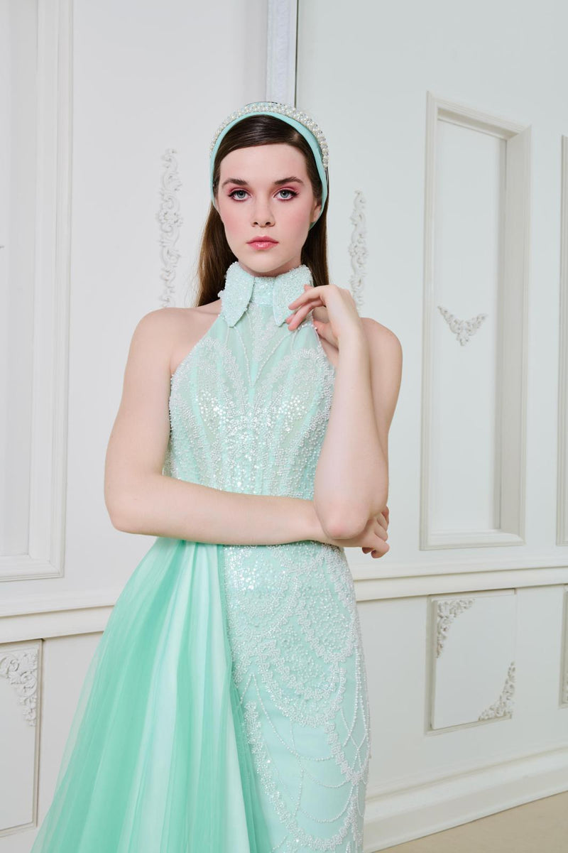 Li Beirut M1140 – Mint Halter Sequin Evening Gown with Tulle Overlay