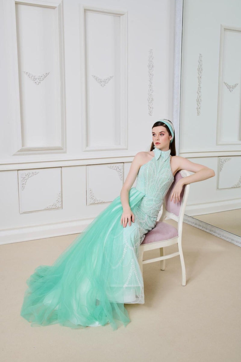 Li Beirut M1140 – Mint Halter Sequin Evening Gown with Tulle Overlay