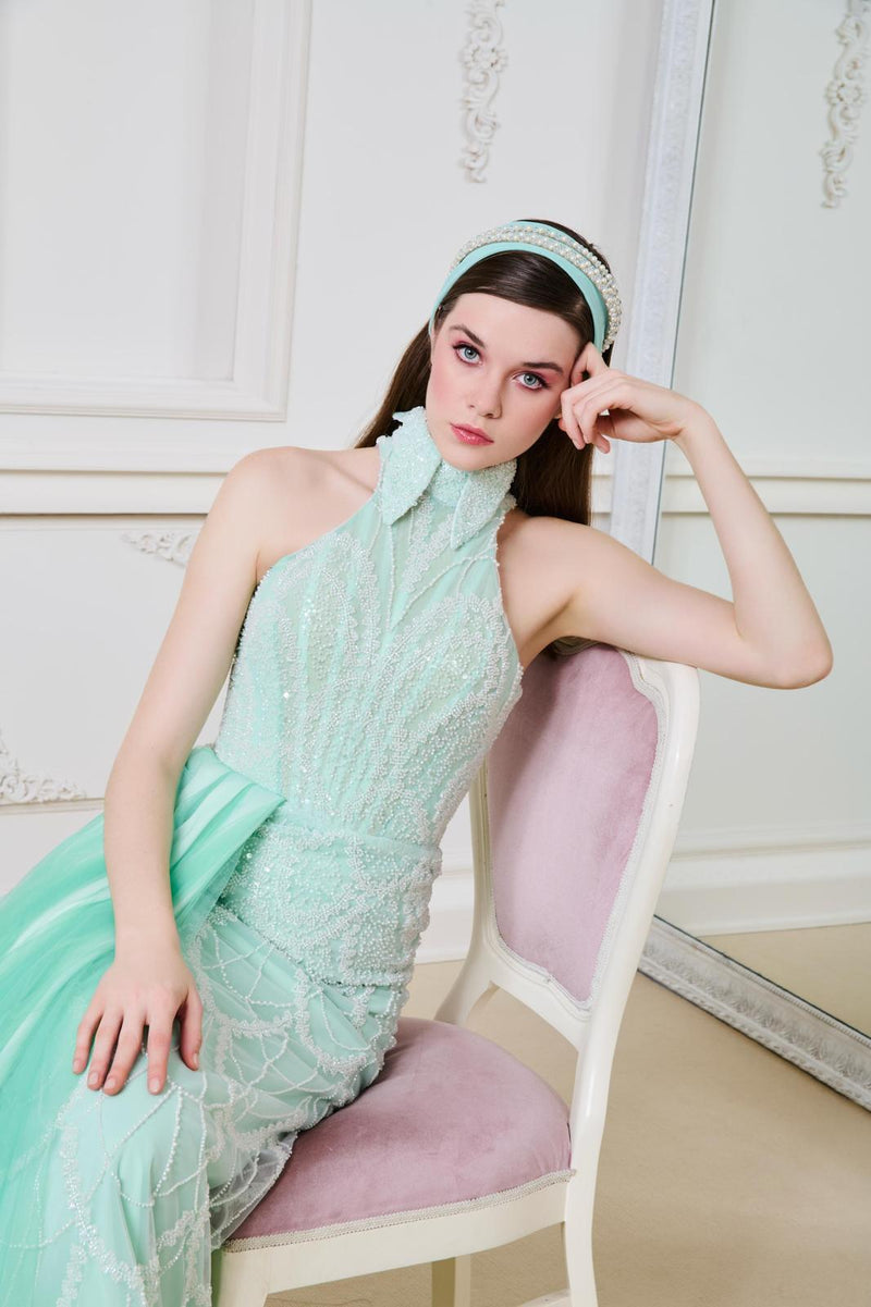 Li Beirut M1140 – Mint Halter Sequin Evening Gown with Tulle Overlay