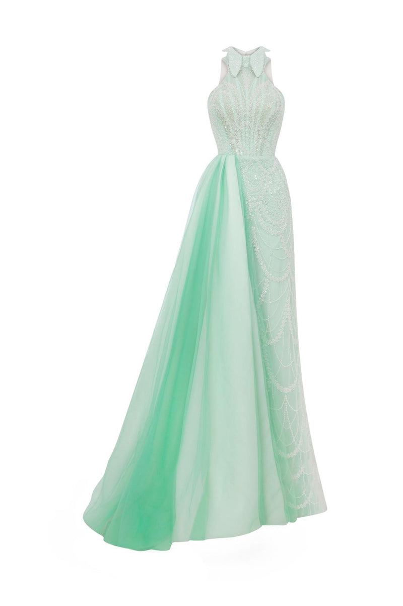 Li Beirut M1140 – Mint Halter Sequin Evening Gown with Tulle Overlay