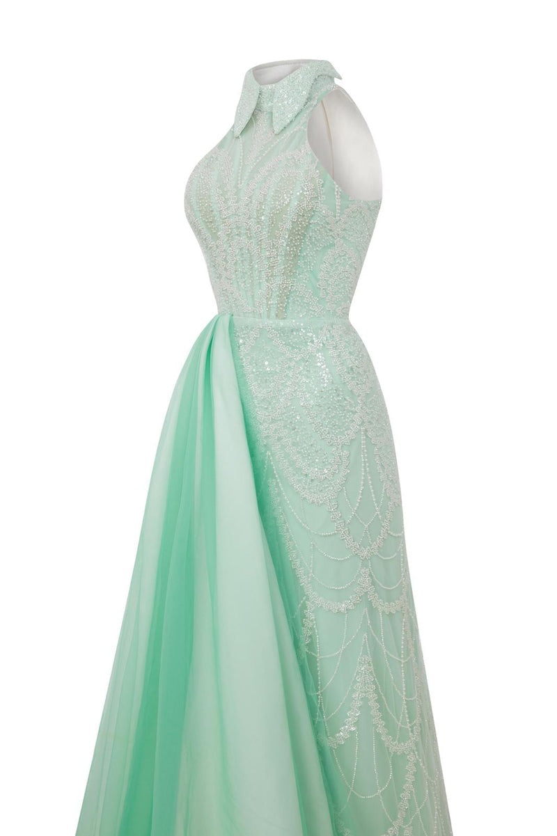 Li Beirut M1140 – Mint Halter Sequin Evening Gown with Tulle Overlay