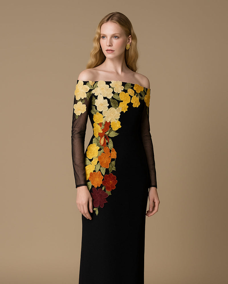 Li Beirut M1147 – Black Off-Shoulder Floral Embroidered Evening Gown