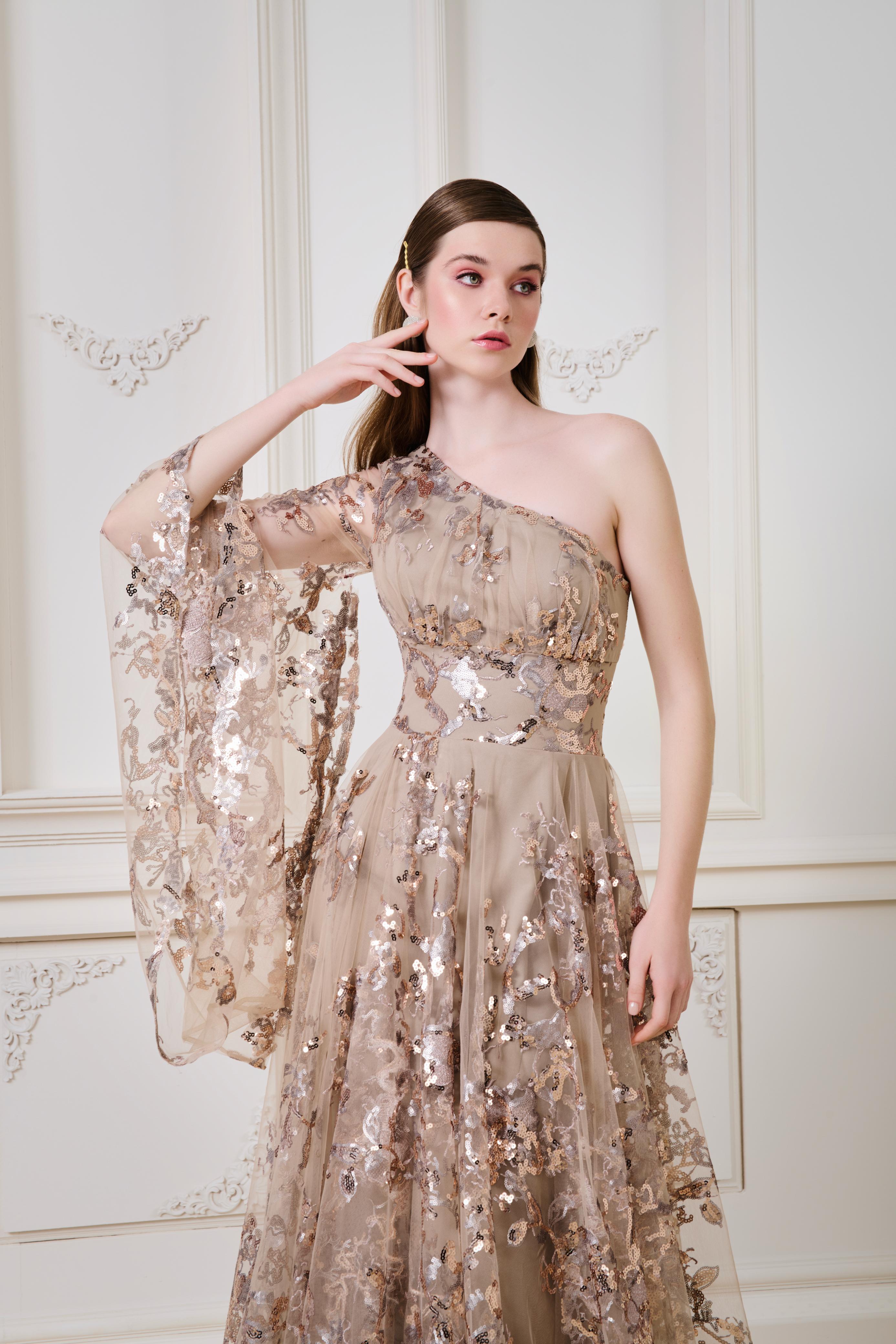 Li Beirut M1153 – One-Shoulder Floral Embroidered Tulle A-Line Evening Gown