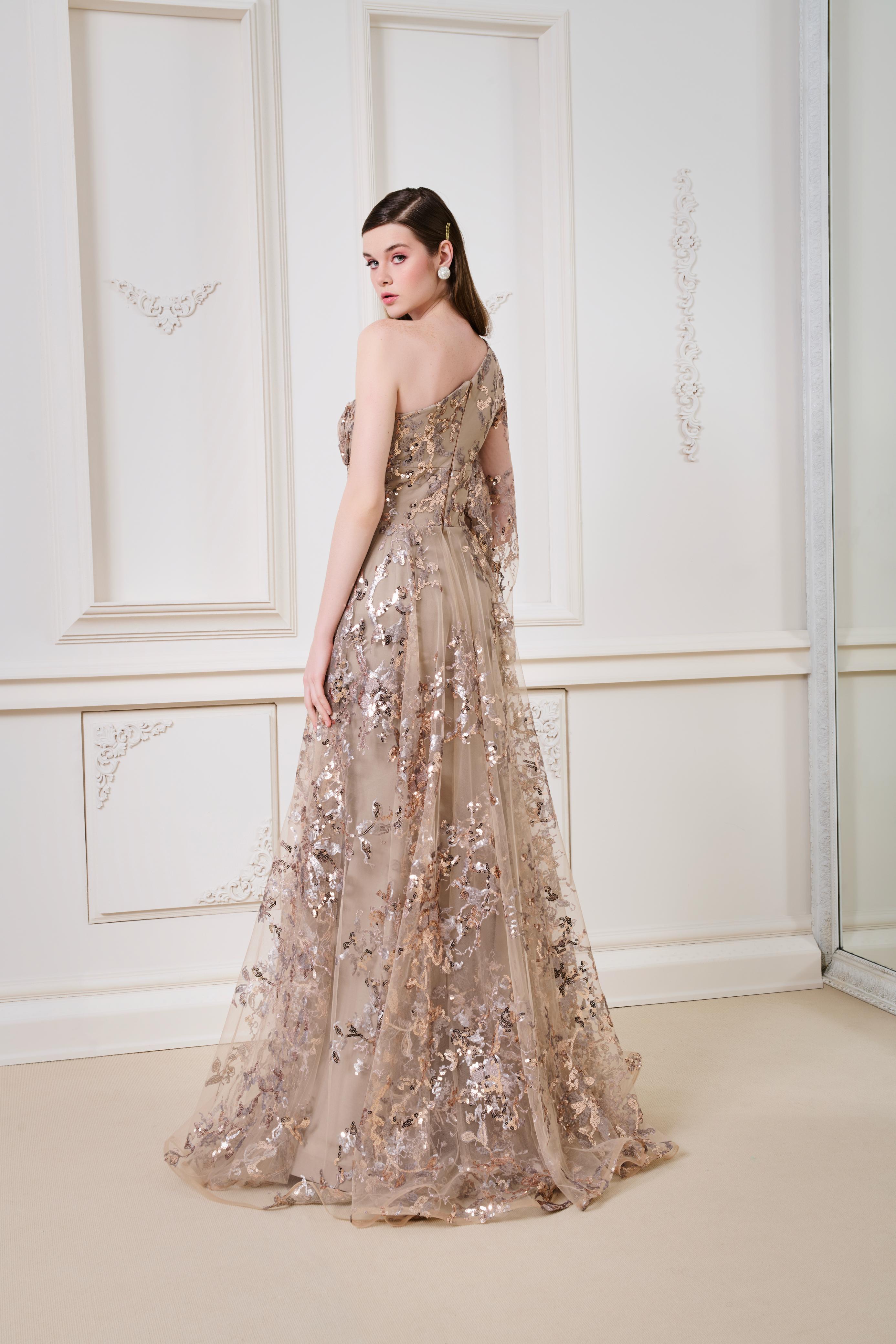 Li Beirut M1153 – One-Shoulder Floral Embroidered Tulle A-Line Evening Gown