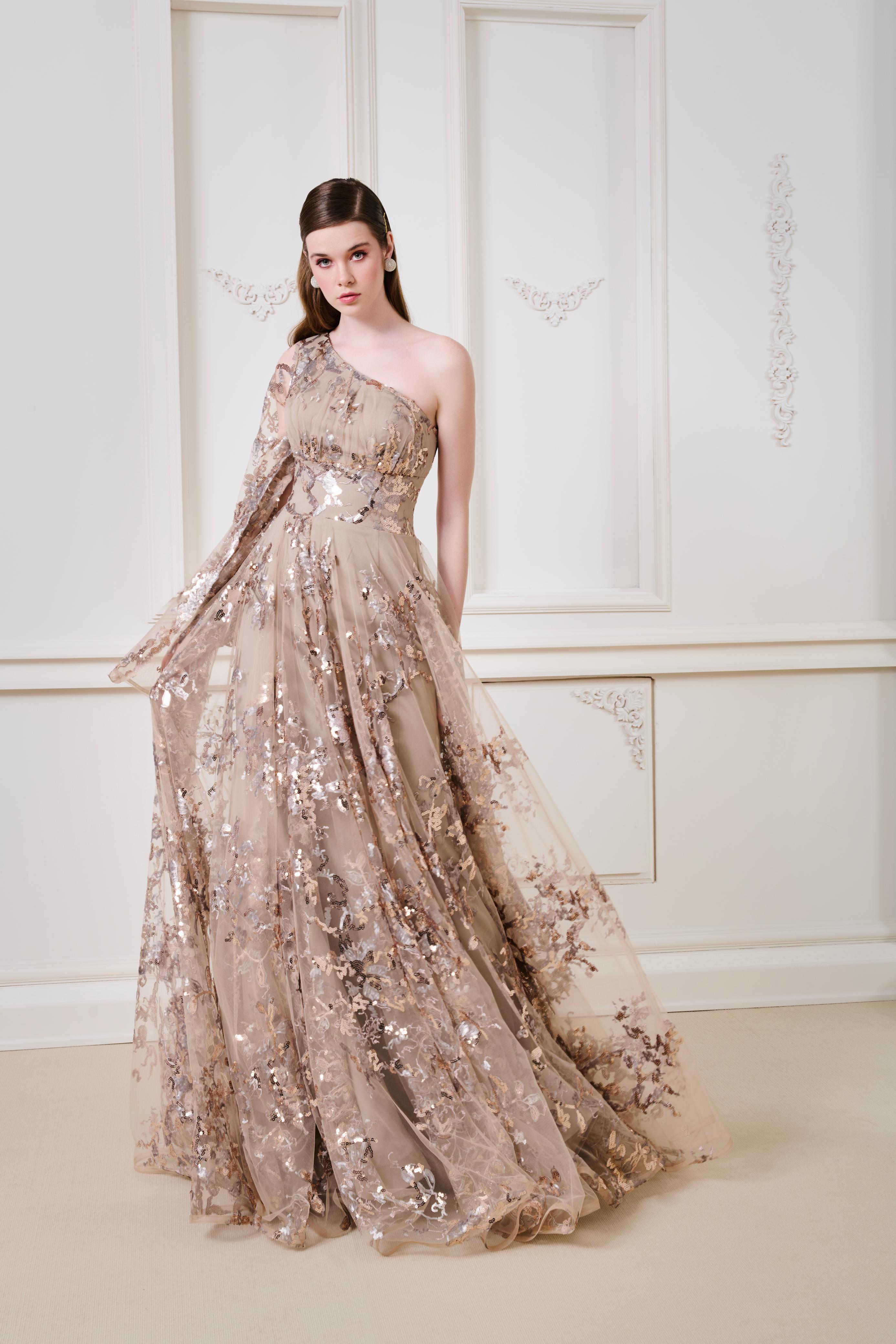 Li Beirut M1153 – One-Shoulder Floral Embroidered Tulle A-Line Evening Gown