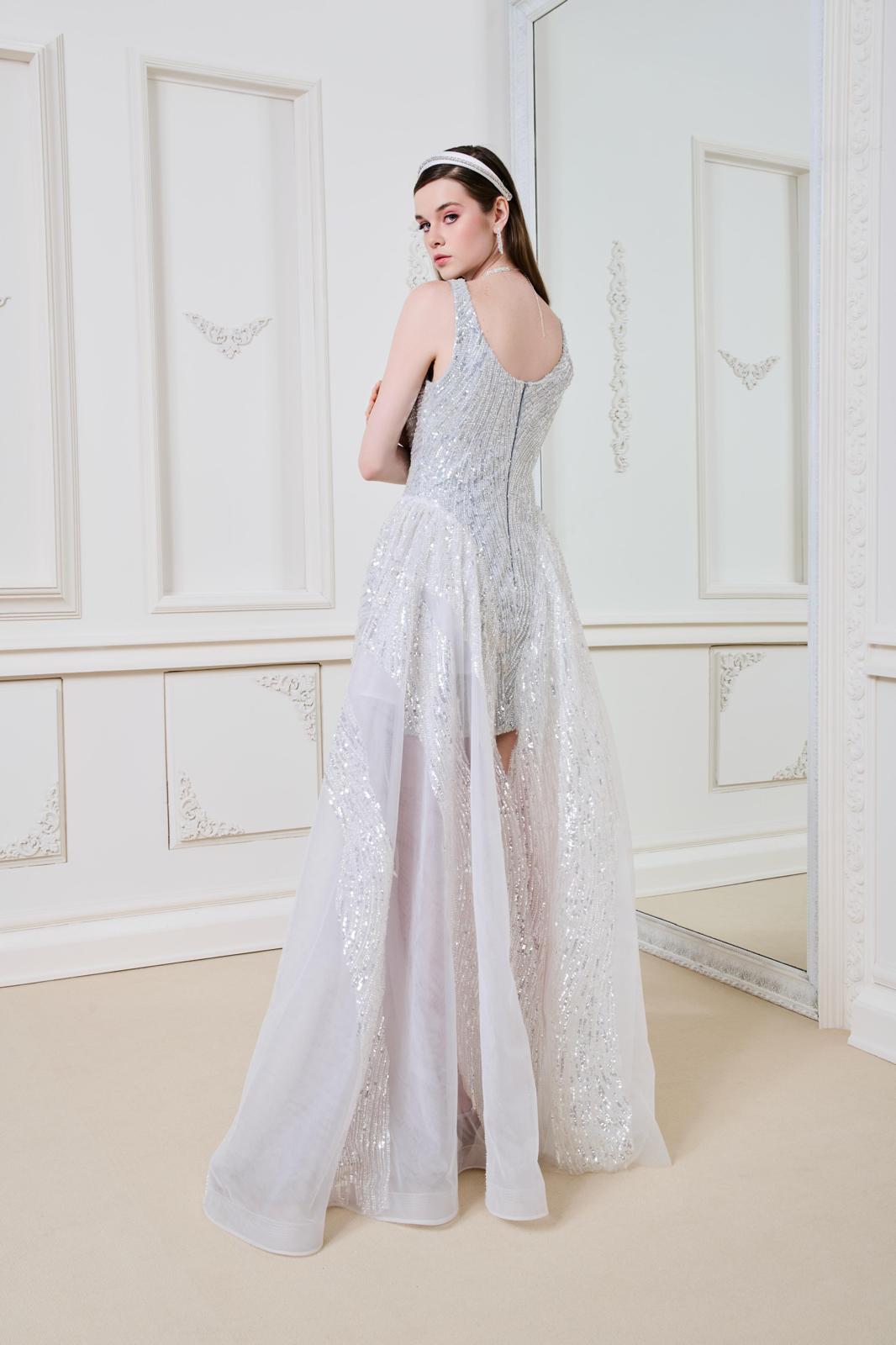 Li Beirut M1164 – Silver Sequin Layered Sheer Evening Gown with Square Neck