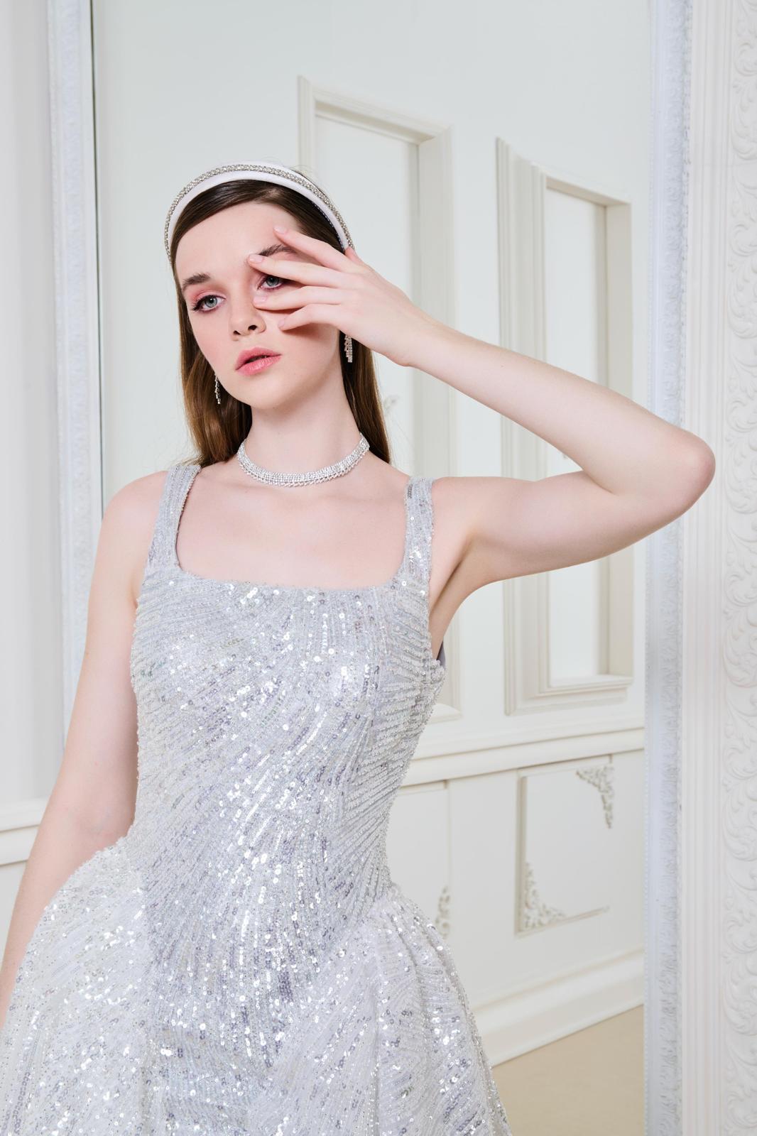 Li Beirut M1164 – Silver Sequin Layered Sheer Evening Gown with Square Neck