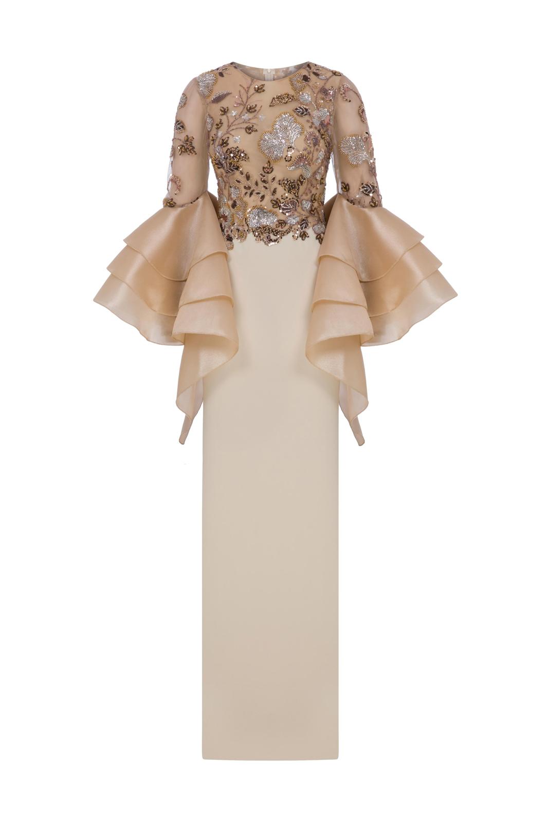 Li Beirut M1165 – Nude Embellished Mermaid Evening Gown with Ruffle Sleeves