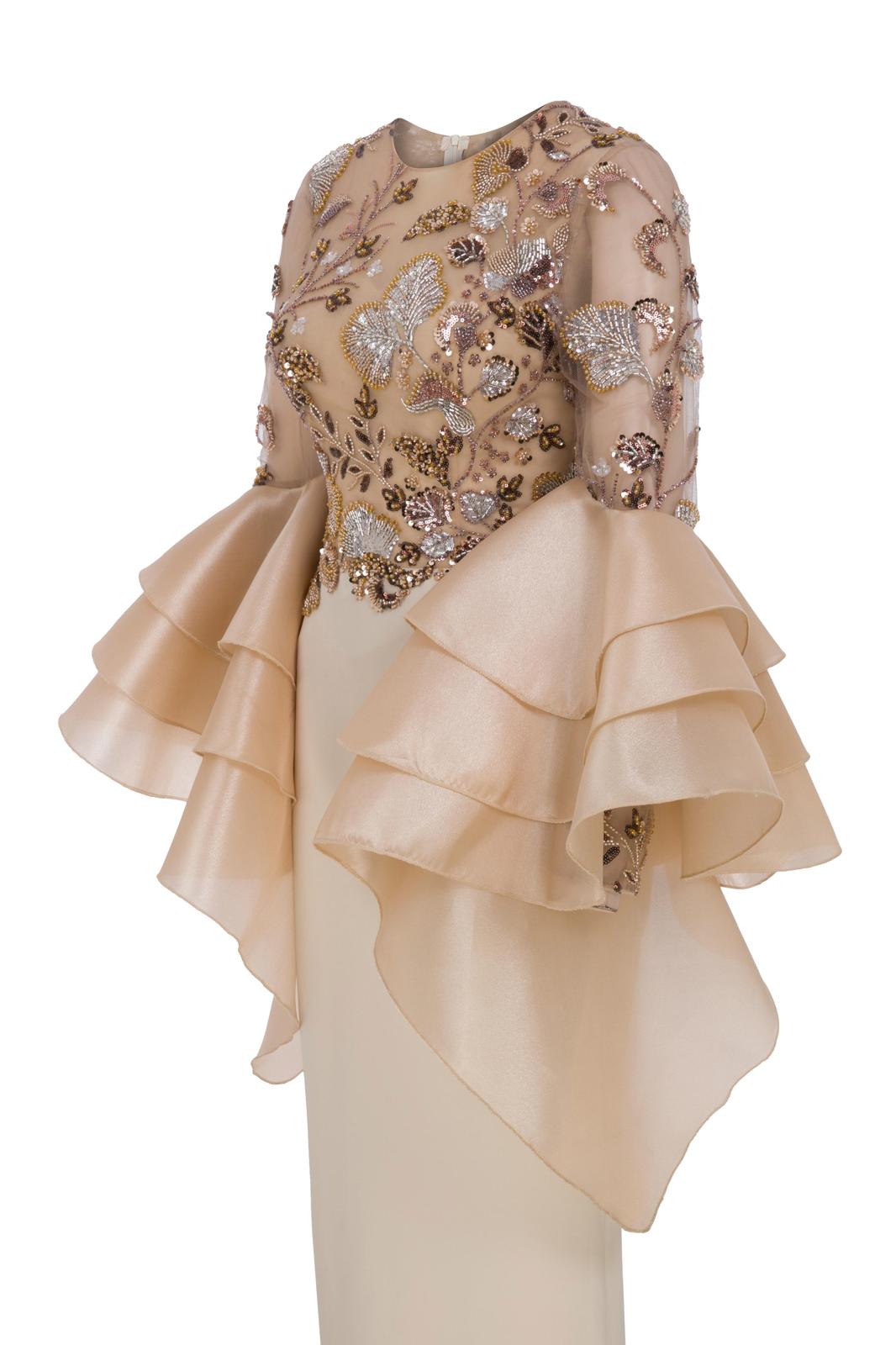 Li Beirut M1165 – Nude Embellished Mermaid Evening Gown with Ruffle Sleeves