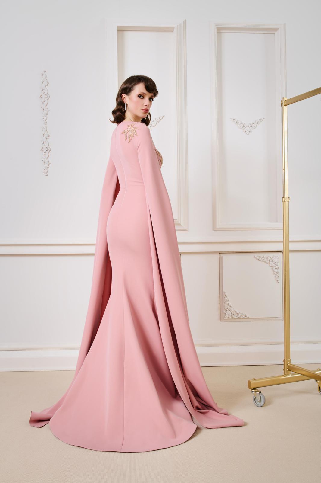 Li Beirut M1166 – Blush Cape Mermaid Evening Gown with Gold Floral Embroidery