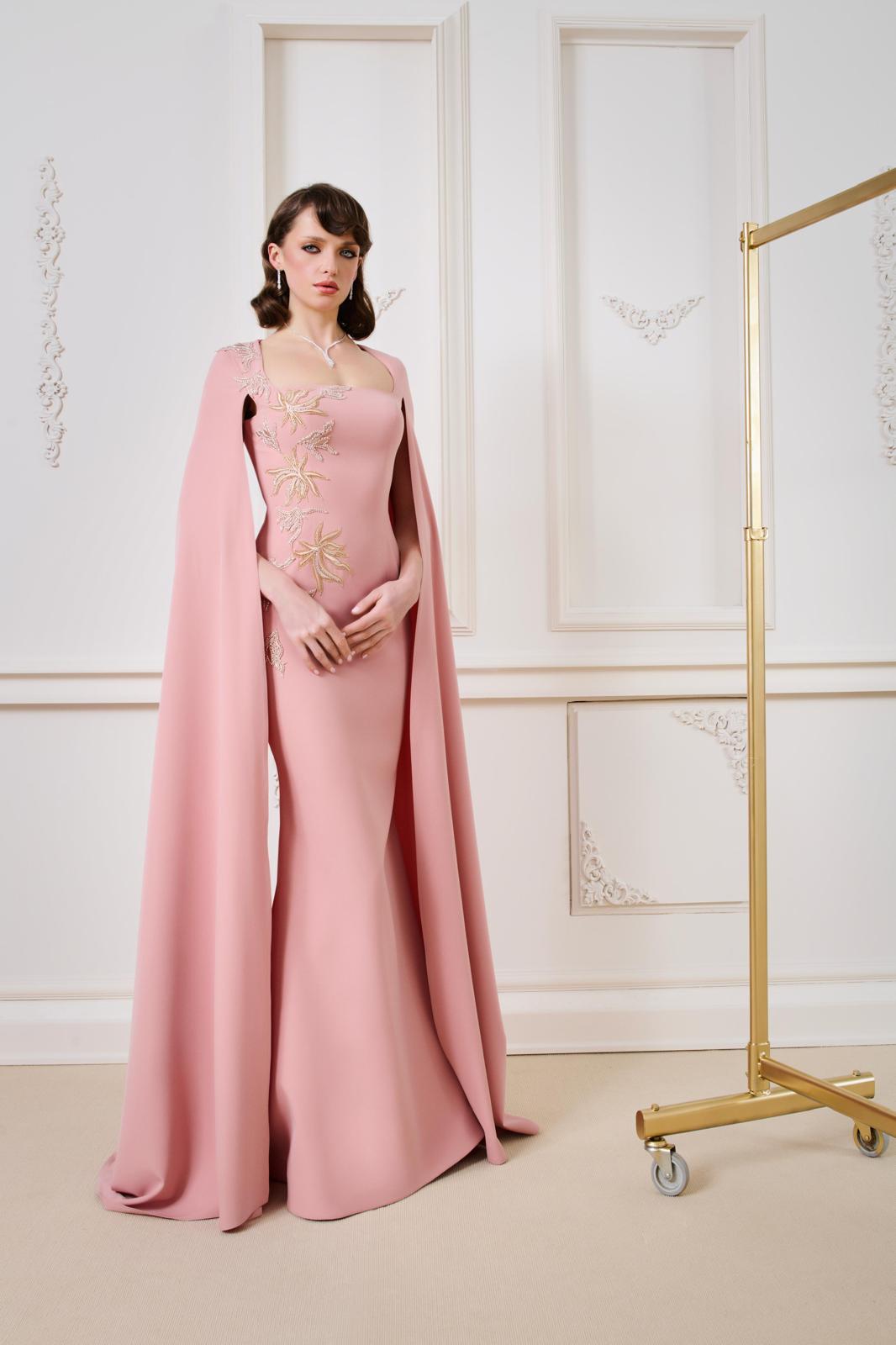 Li Beirut M1166 – Blush Cape Mermaid Evening Gown with Gold Floral Embroidery