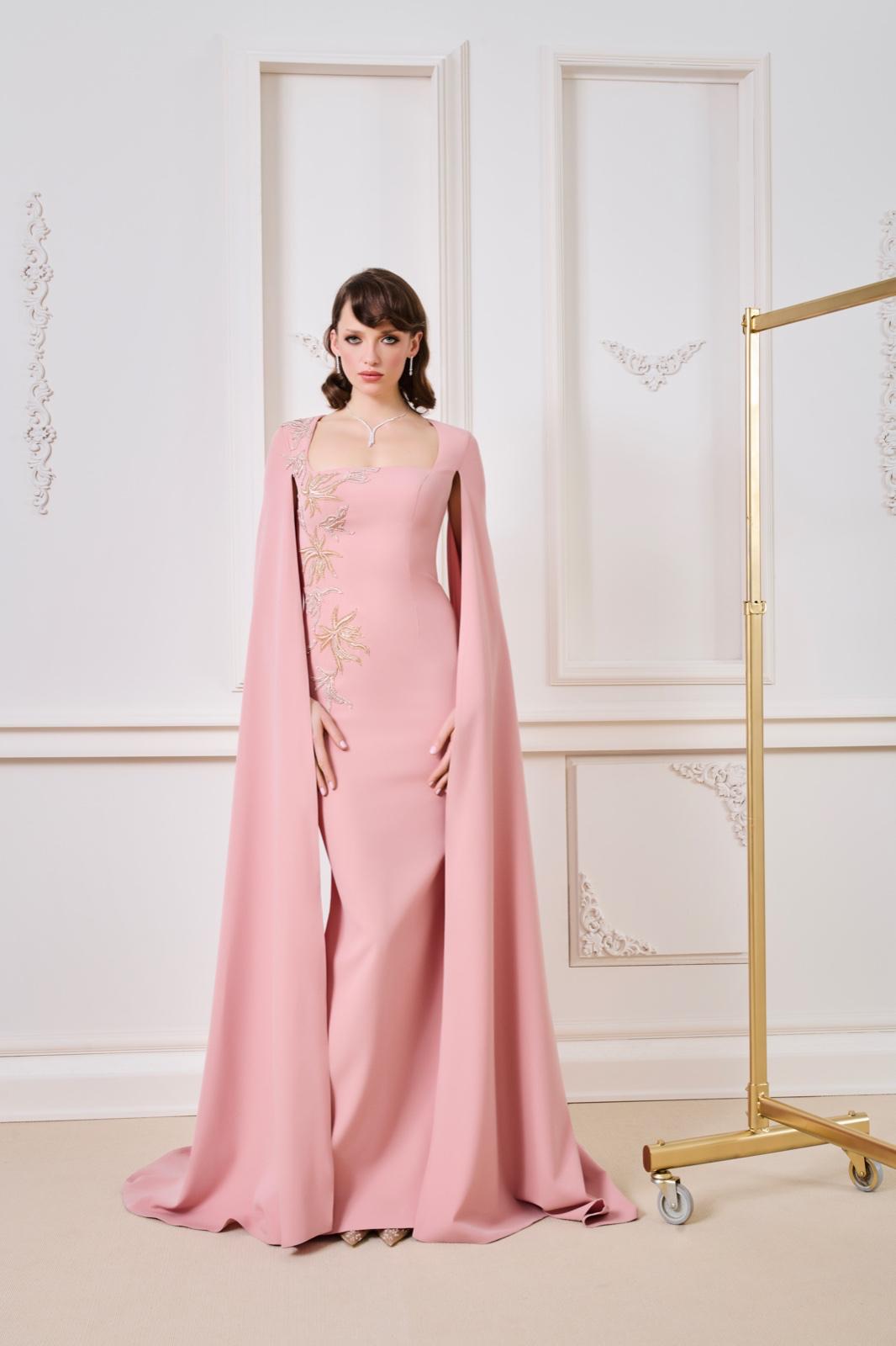 Li Beirut M1166 – Blush Cape Mermaid Evening Gown with Gold Floral Embroidery