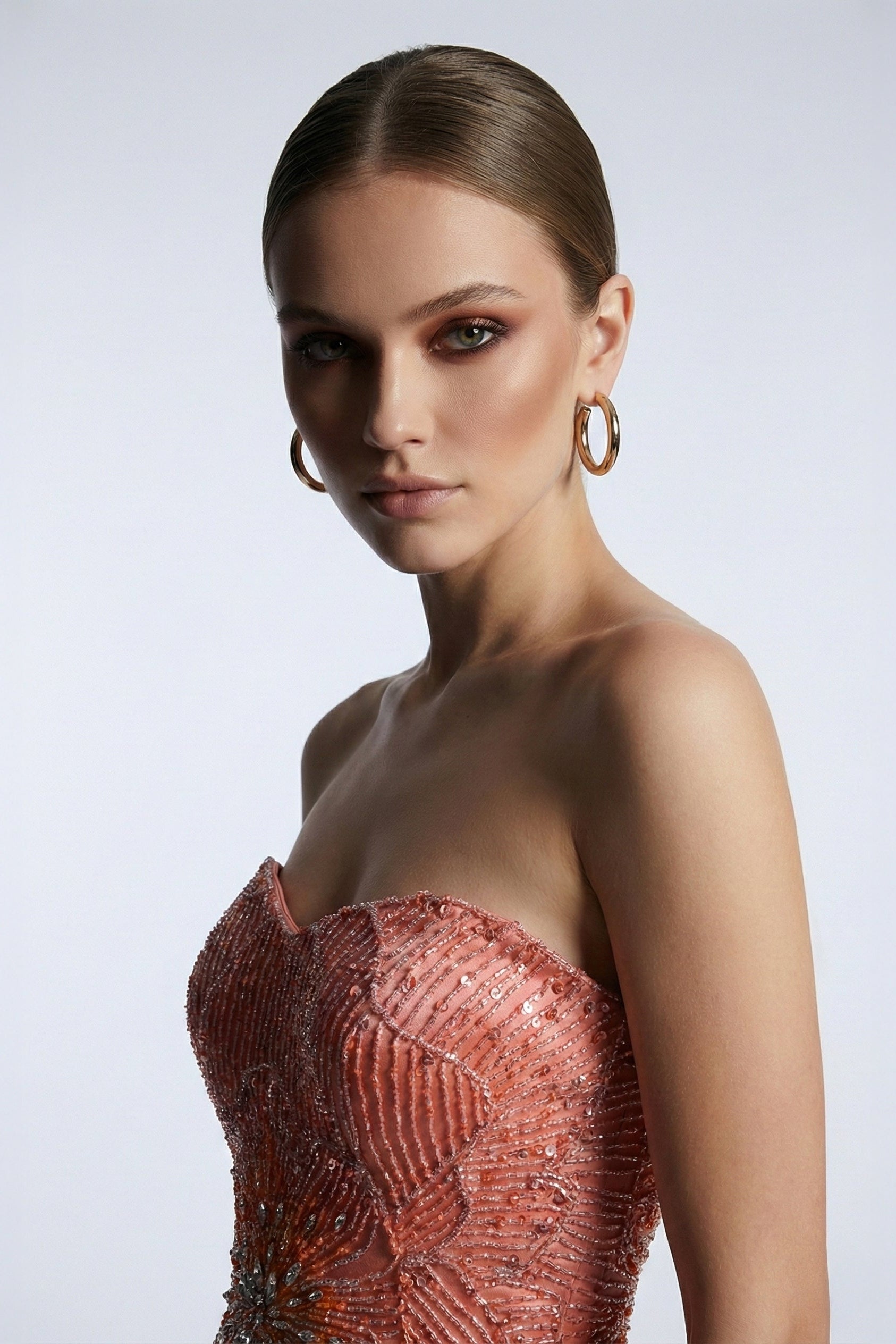 Li Beirut M1167 – Strapless Embellished Ball Gown in Coral & Navy