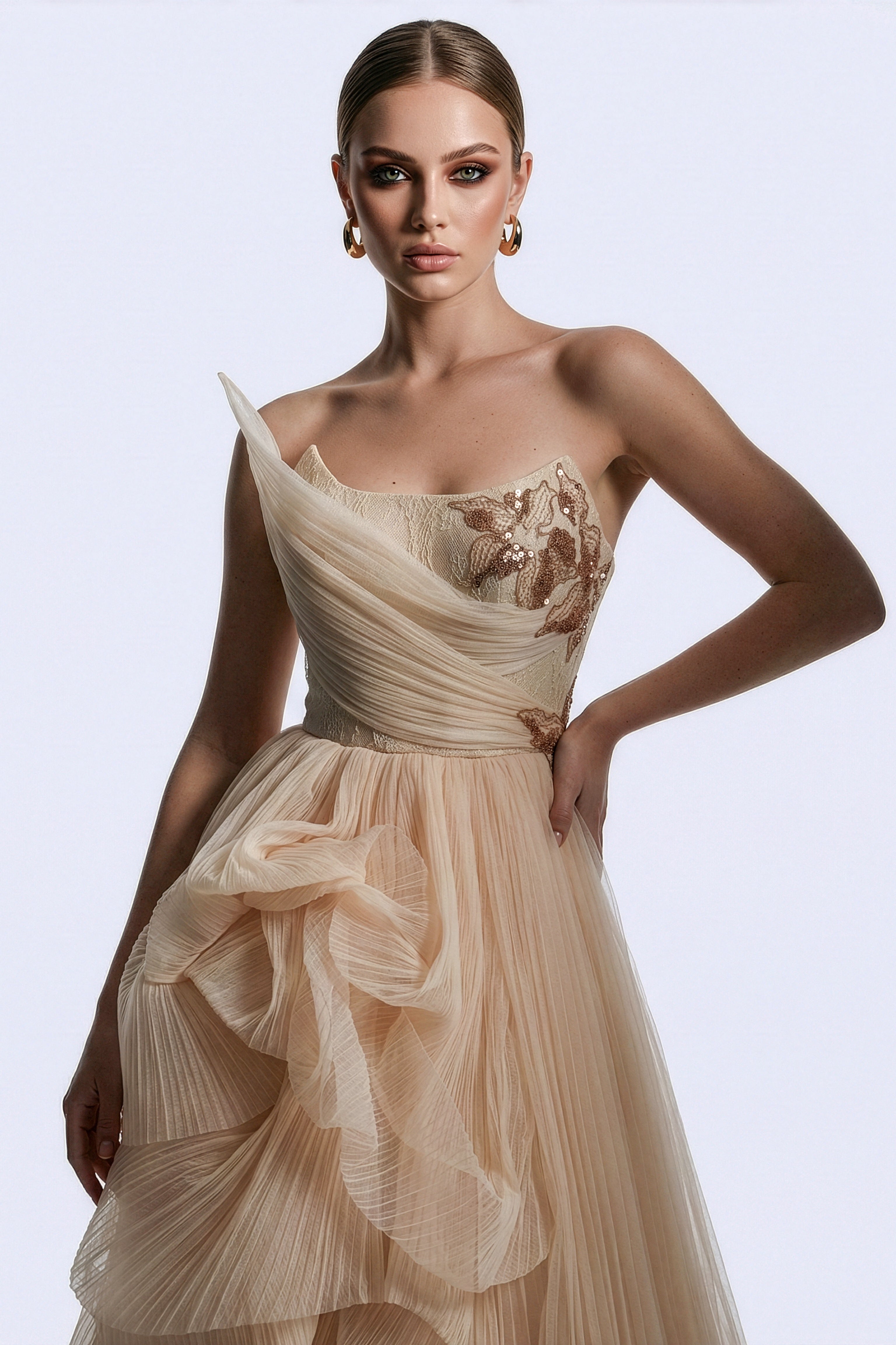 Li Beirut M1168 – One-Shoulder Pleated Tulle Couture Gown in Champagne & Black
