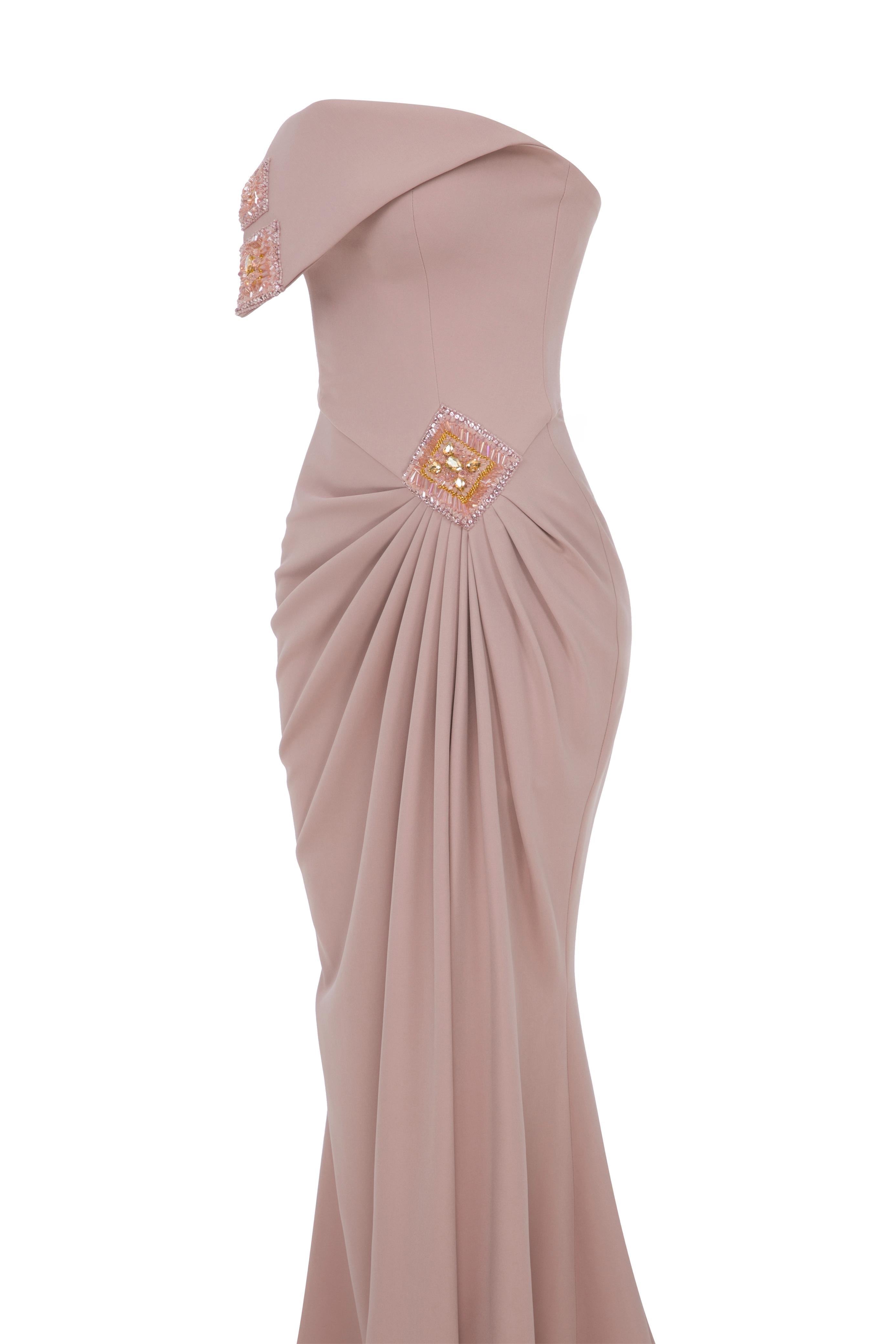 Li Beirut M1171 – Asymmetrical Draped Column Evening Gown in Dusty Rose & Caramel