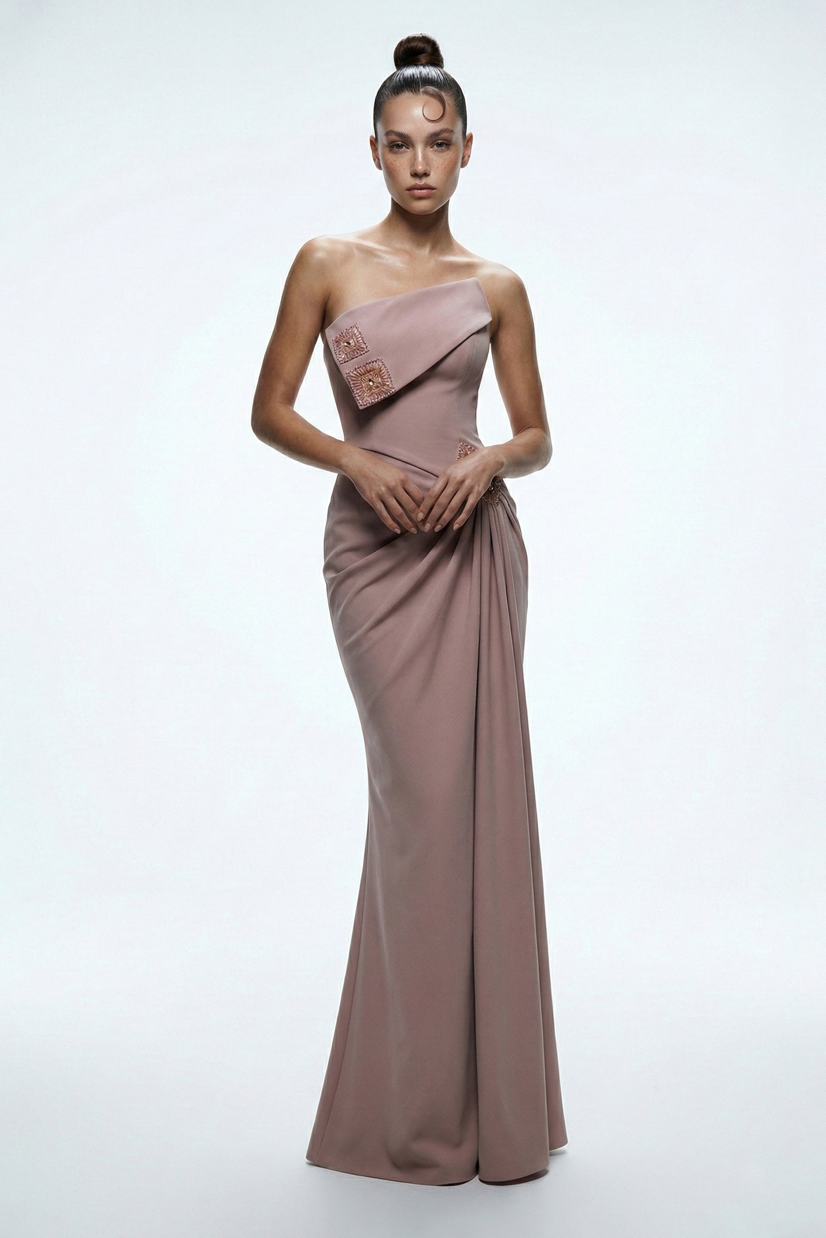 Li Beirut M1171 – Asymmetrical Draped Column Evening Gown in Dusty Rose & Caramel