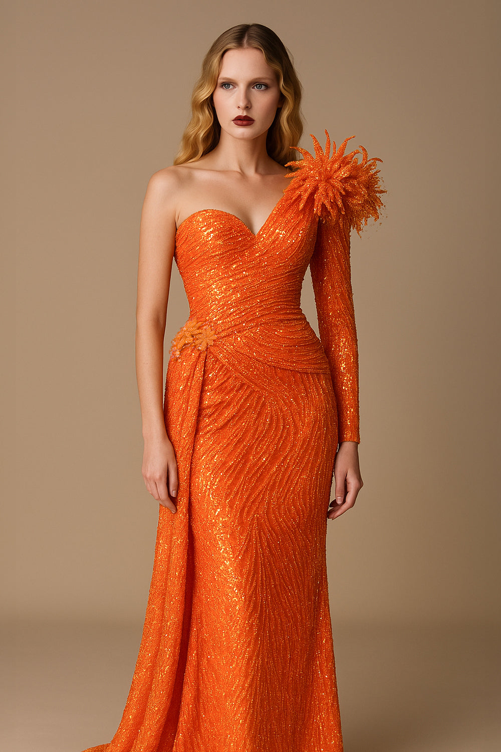 Li Beirut M1172 – One-Shoulder Orange Embellished Couture Evening Gown