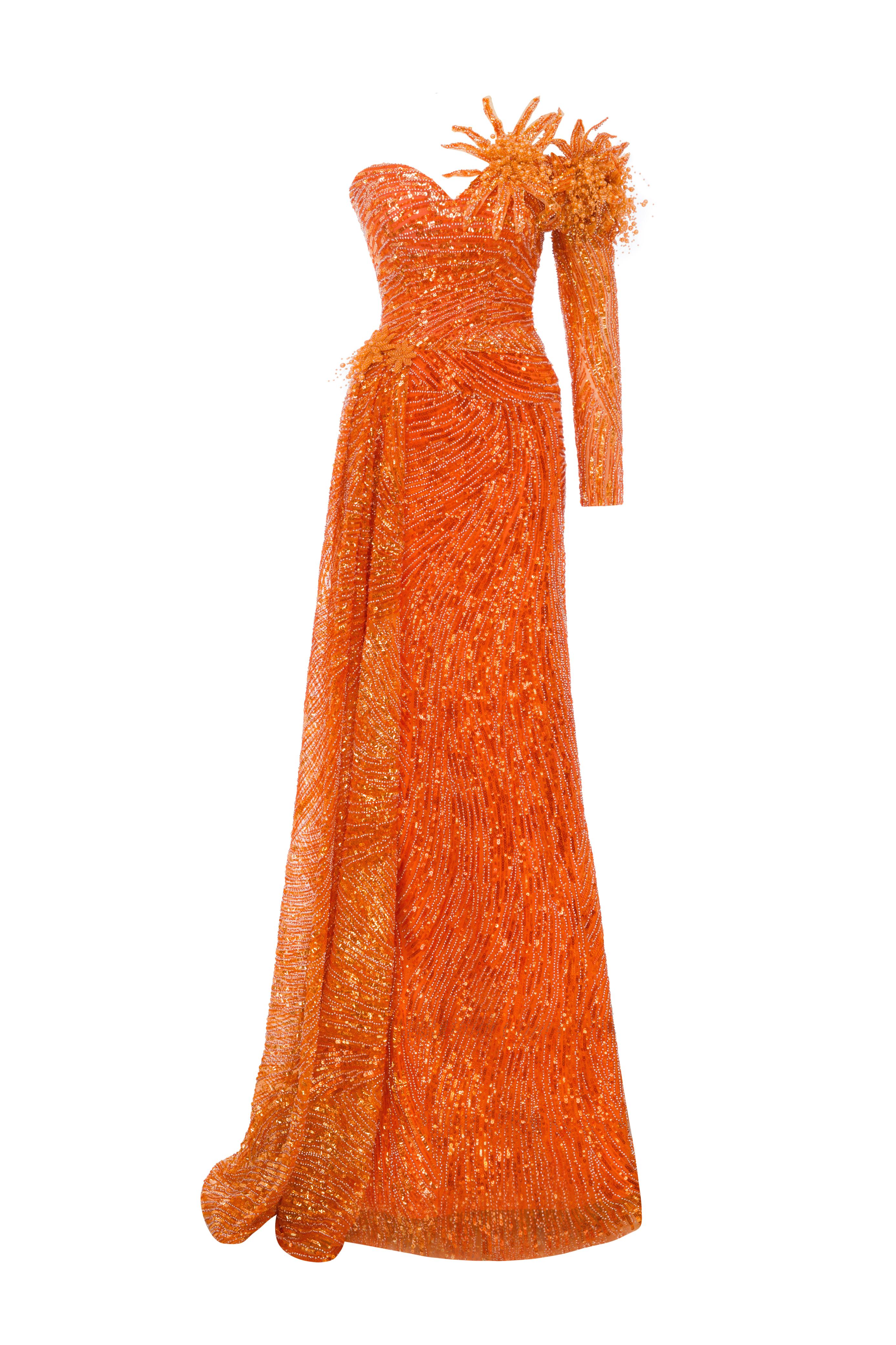 Li Beirut M1172 – One-Shoulder Orange Embellished Couture Evening Gown