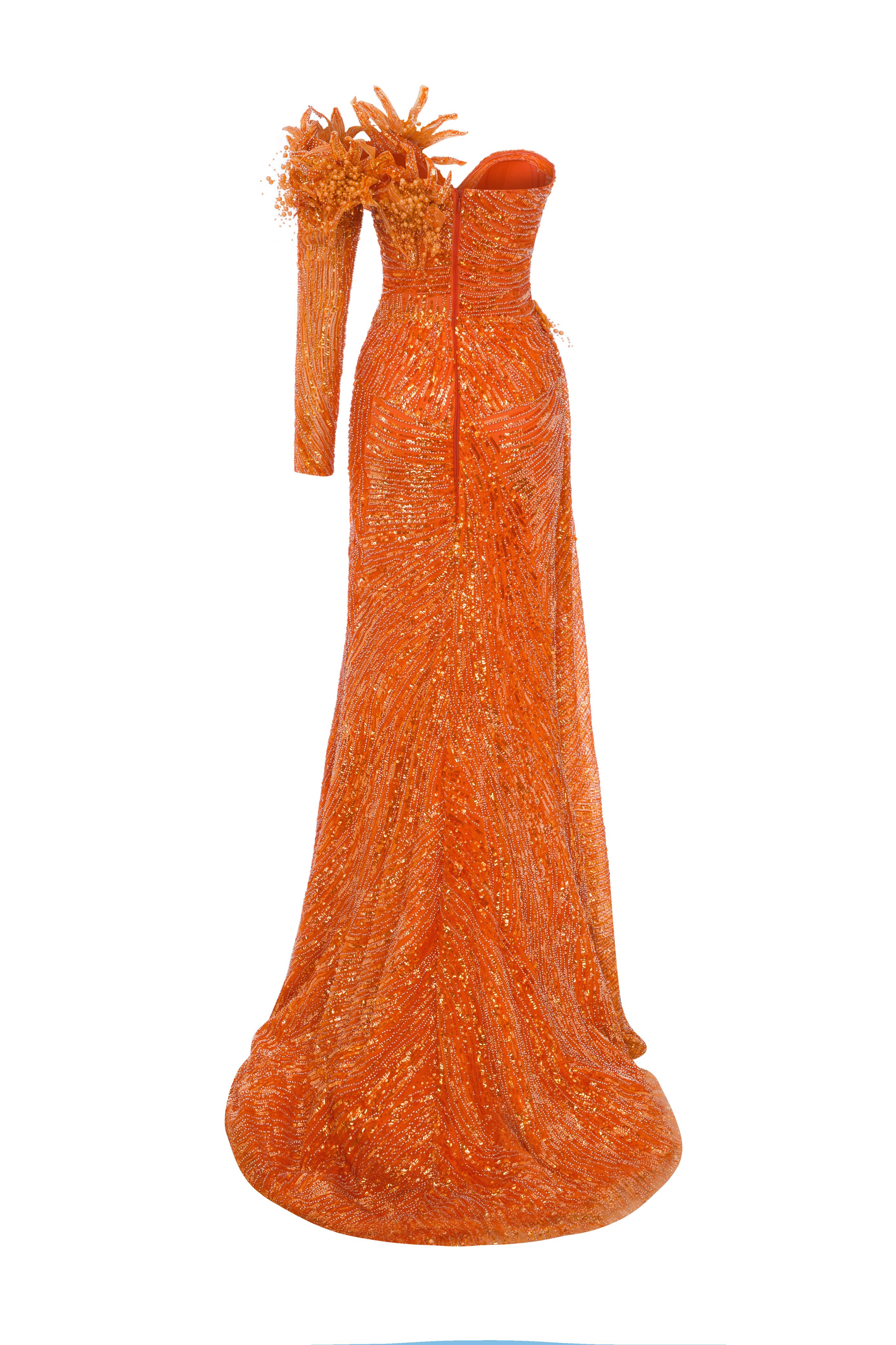 Li Beirut M1172 – One-Shoulder Orange Embellished Couture Evening Gown