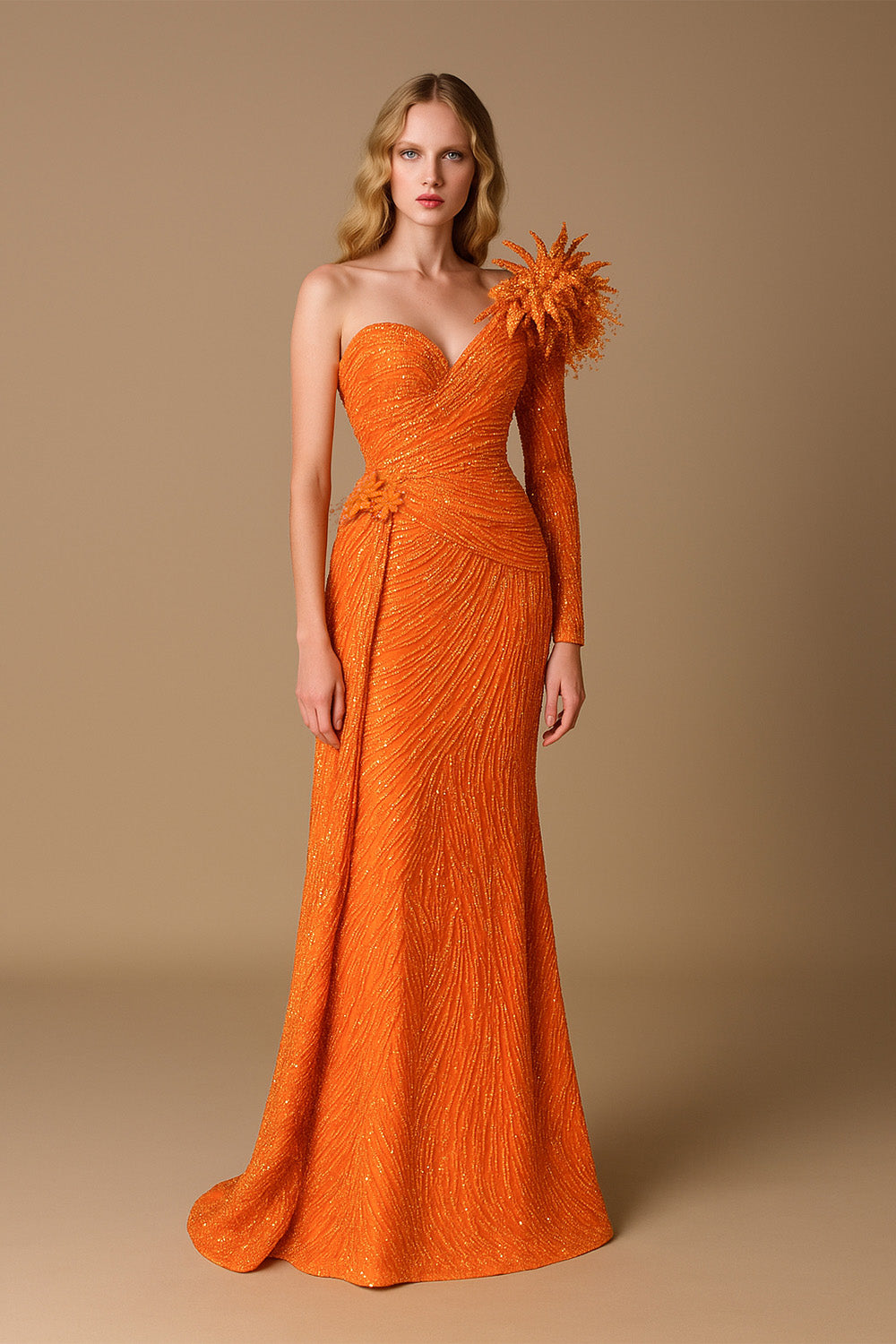 Li Beirut M1172 – One-Shoulder Orange Embellished Couture Evening Gown