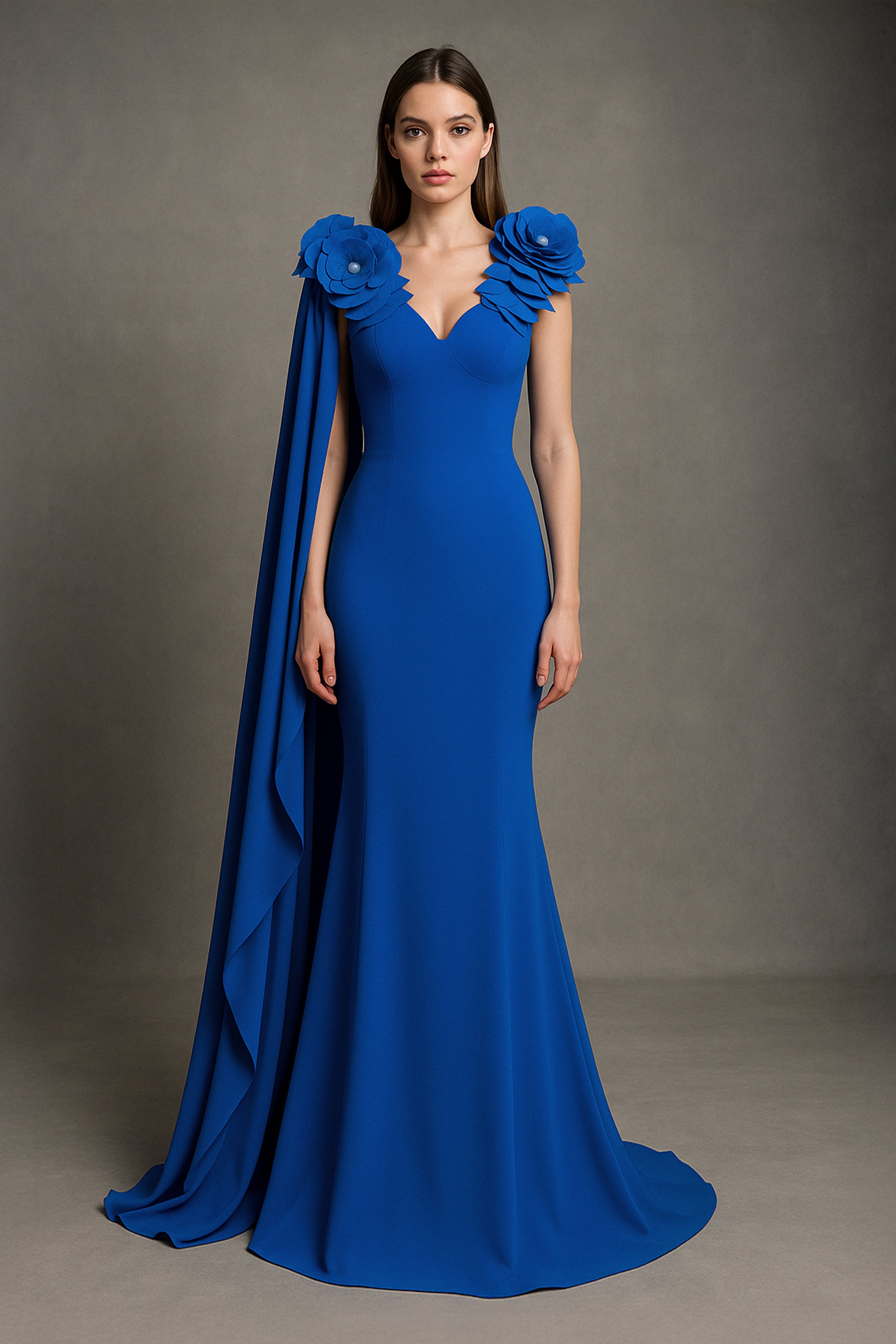 Li Beirut M1178 – One-Shoulder Electric Blue Floral Applique Evening Gown