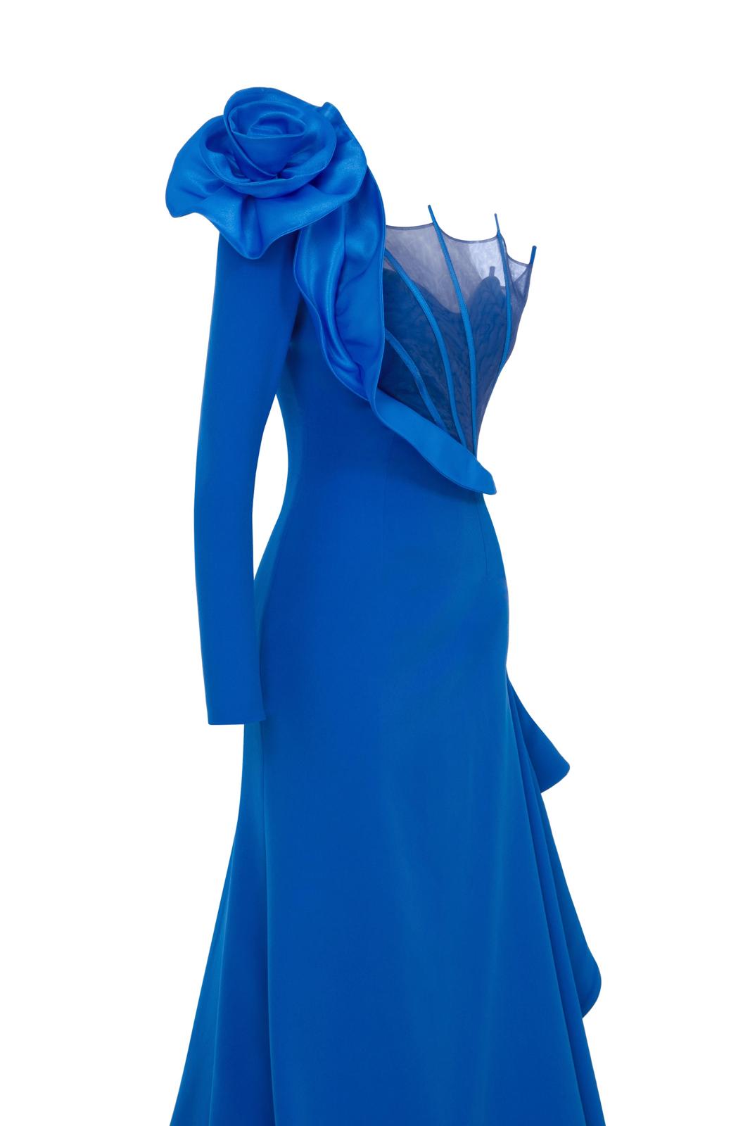 Li Beirut M1179 – One-Shoulder Electric Blue Couture Rose Evening Gown