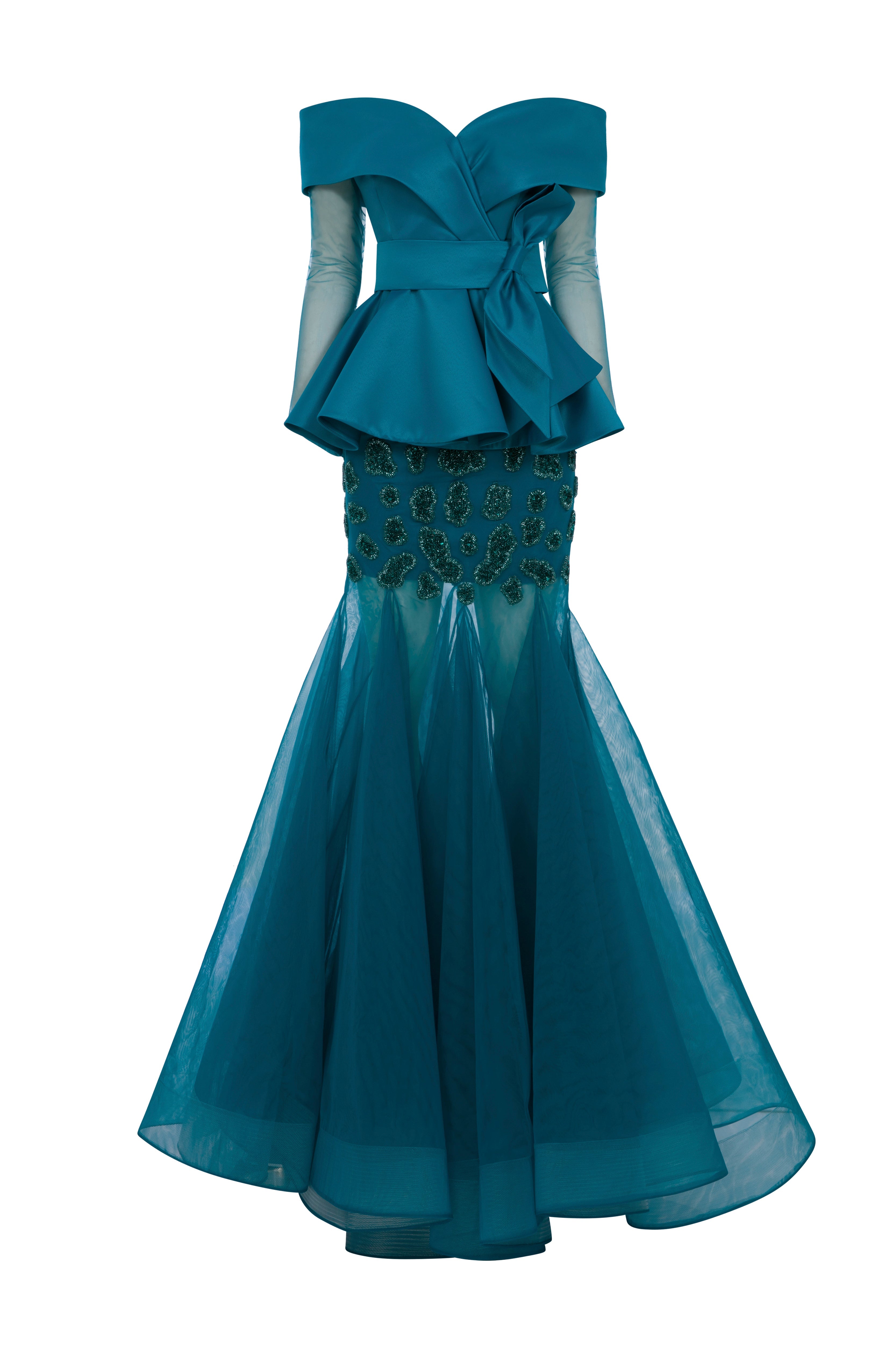 Li Beirut M1185 – Off-Shoulder Lace Column Evening Gown with Long Sleeves