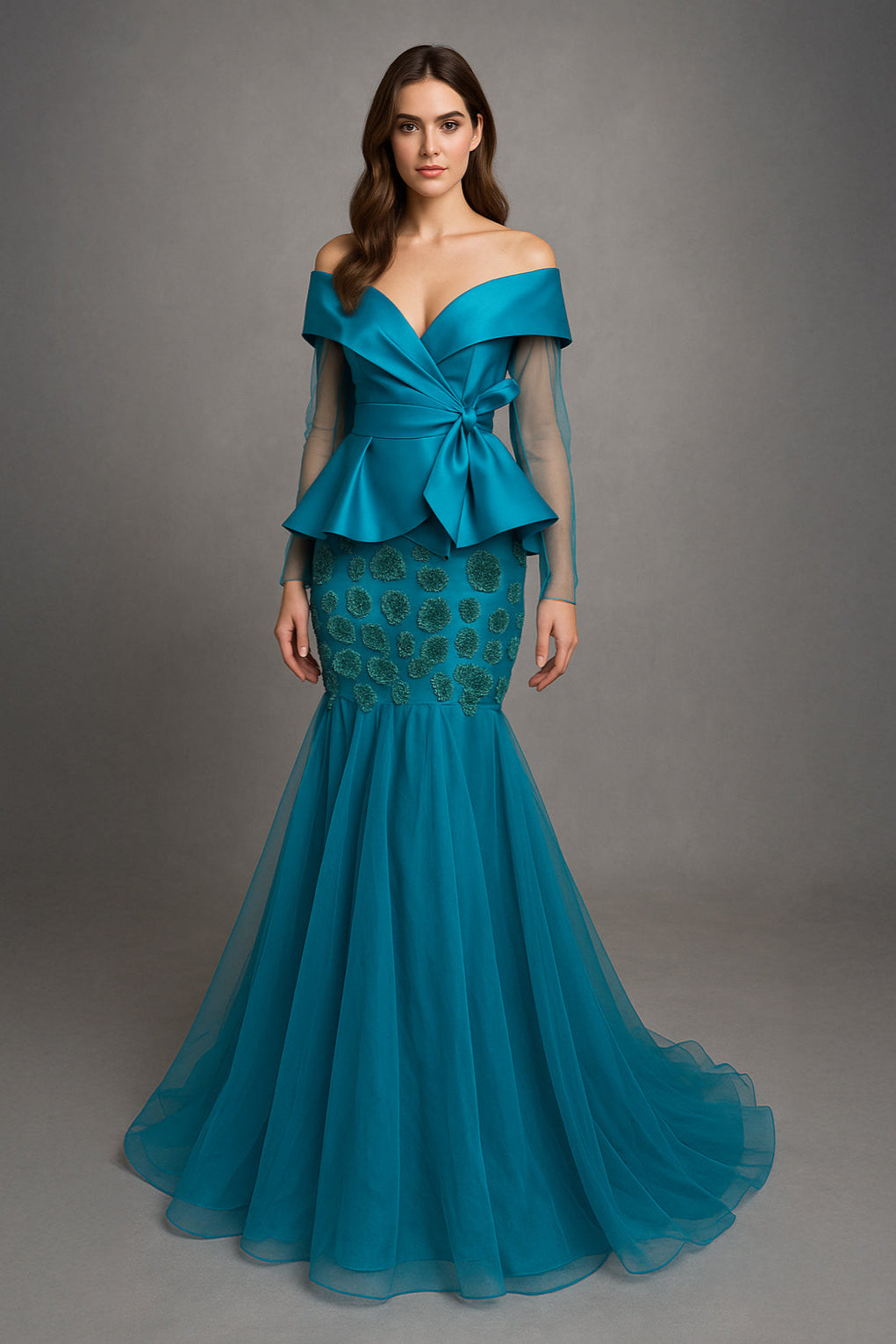 Li Beirut M1185 – Off-Shoulder Lace Column Evening Gown with Long Sleeves