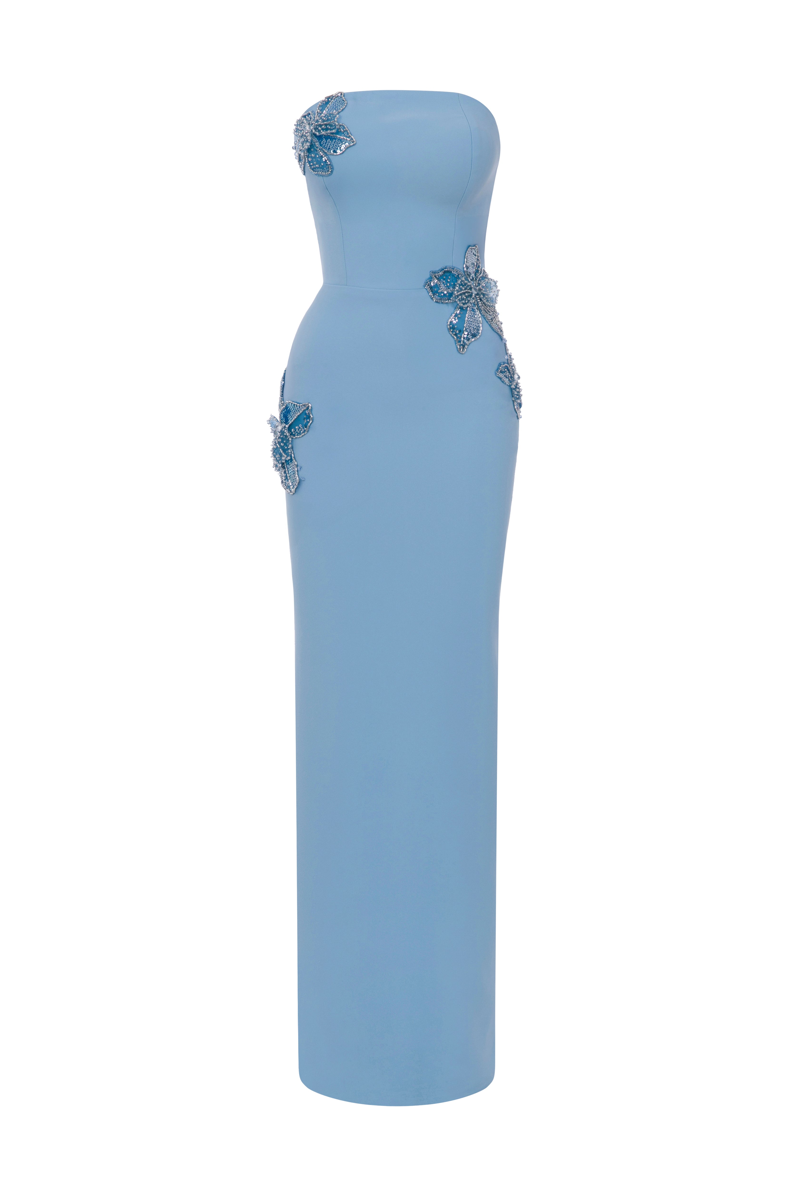 Li Beirut M1190 – Strapless Light Blue Crepe Evening Gown with Floral Beading