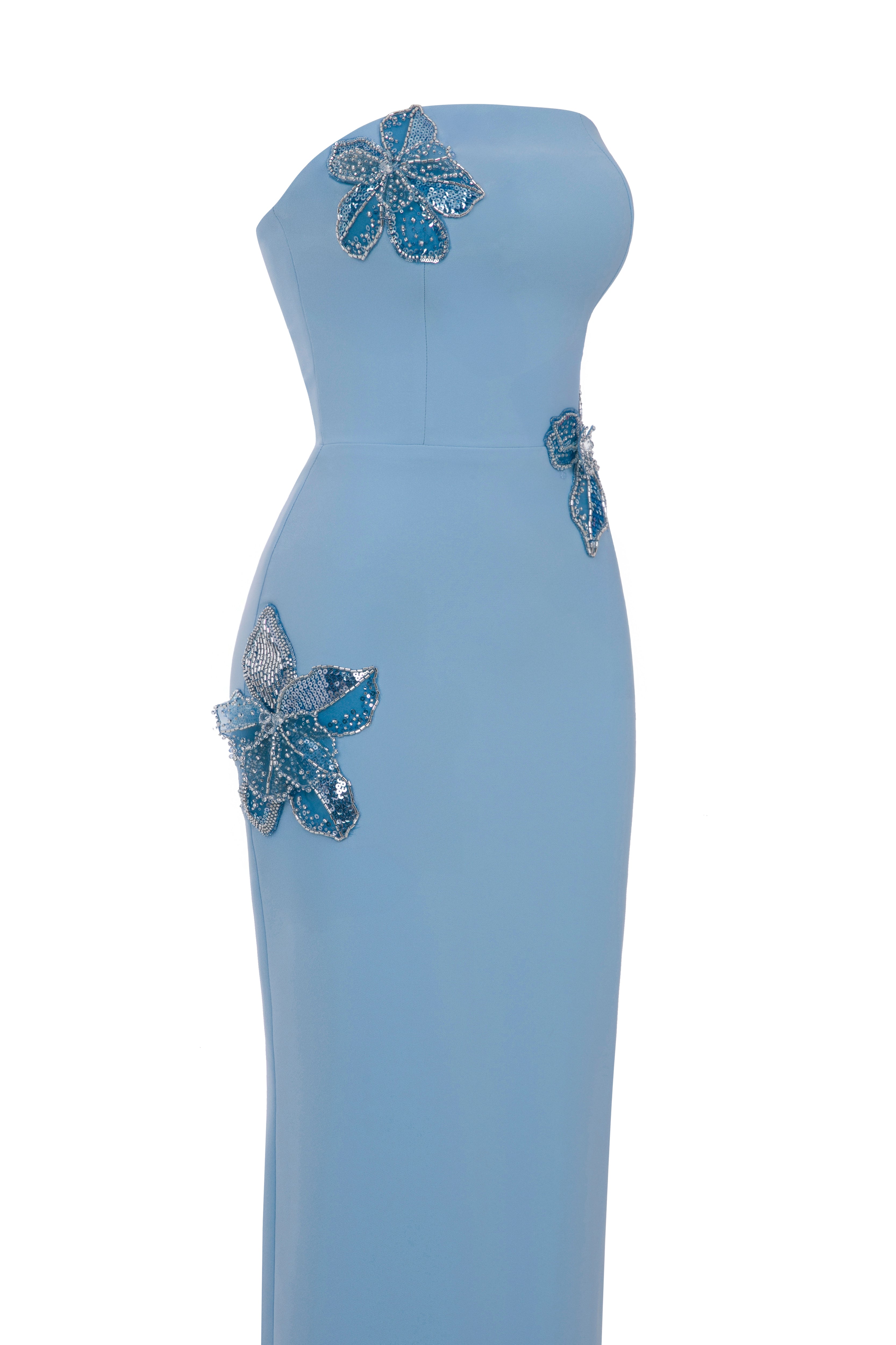 Li Beirut M1190 – Strapless Light Blue Crepe Evening Gown with Floral Beading