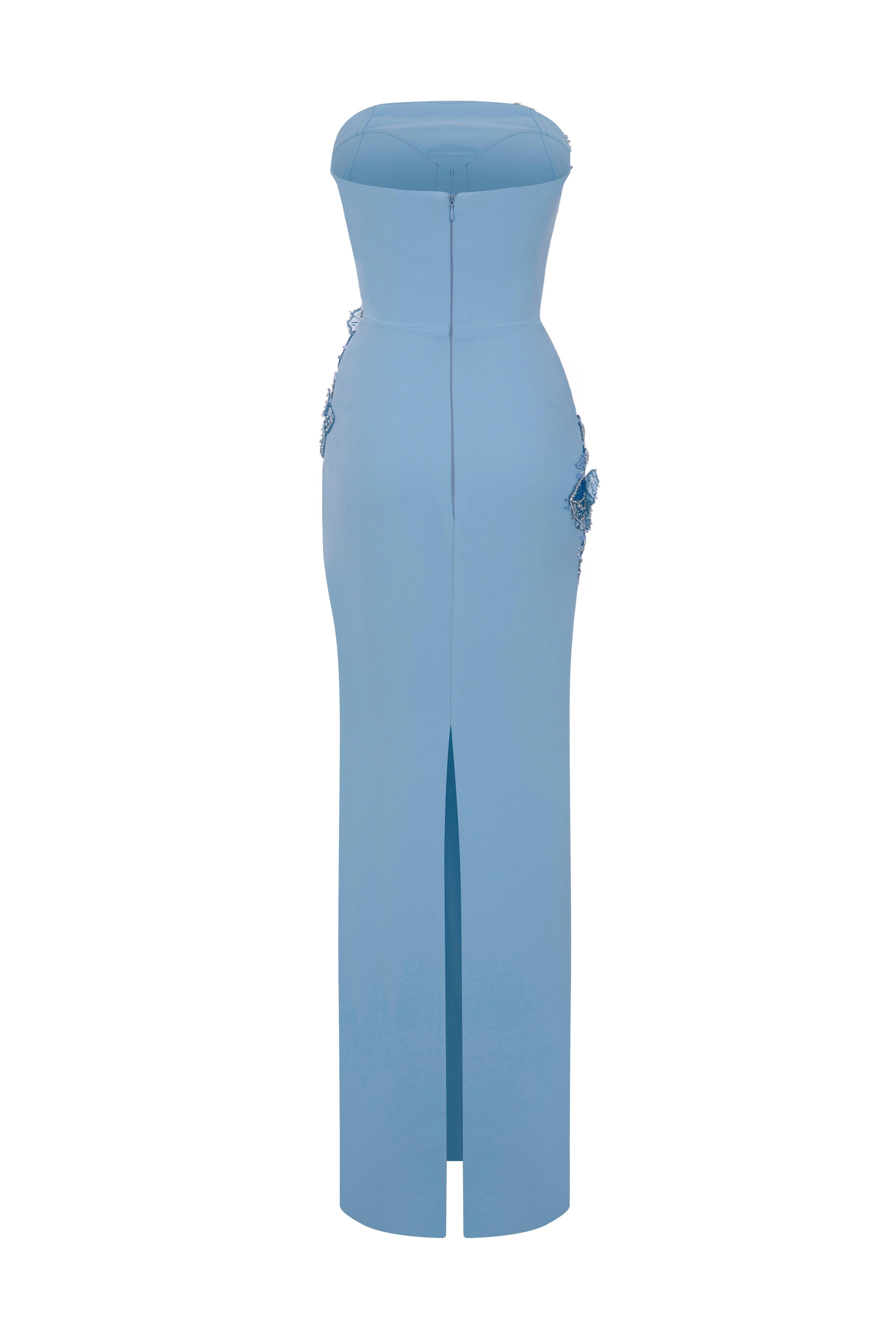Li Beirut M1190 – Strapless Light Blue Crepe Evening Gown with Floral Beading