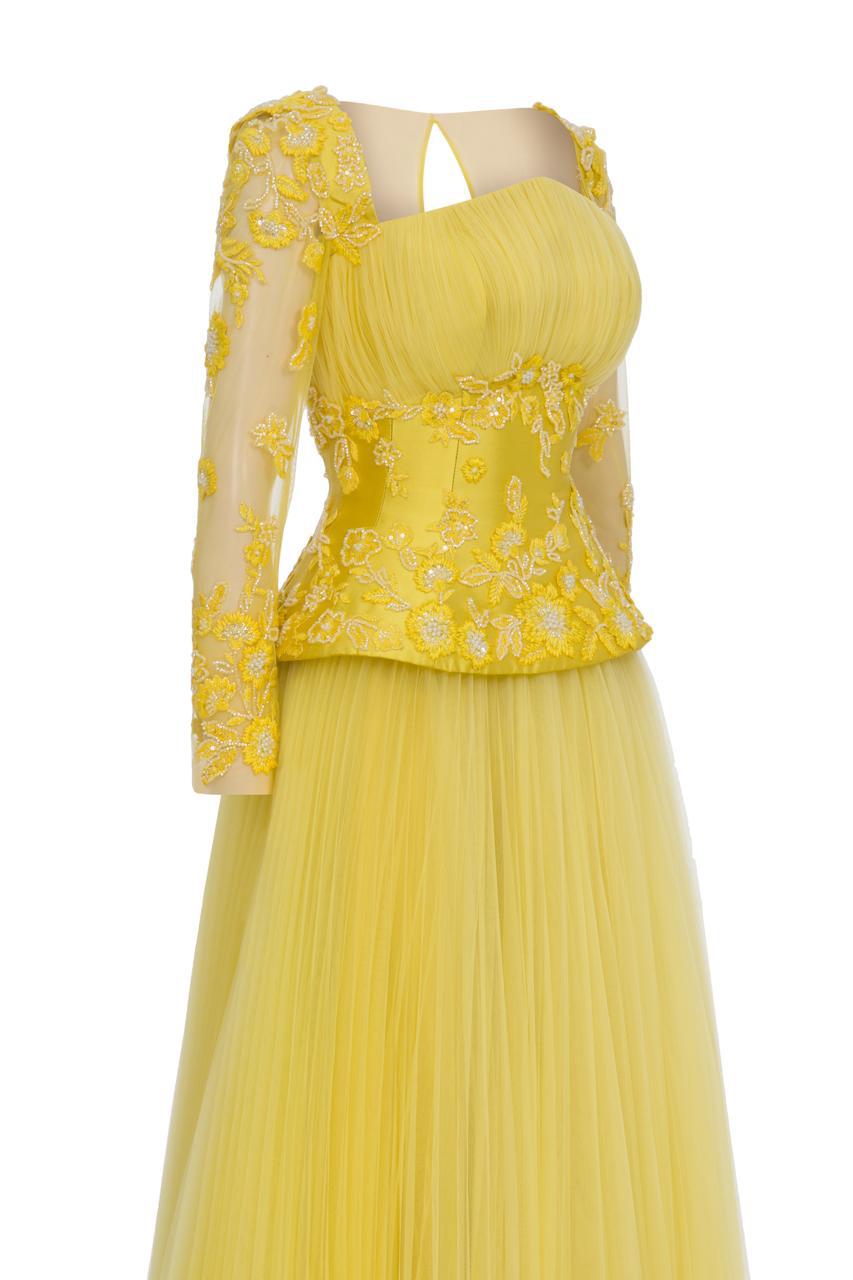 Li Beirut M1191 – Embroidered Long Sleeve Evening Dress in Nude & Yellow