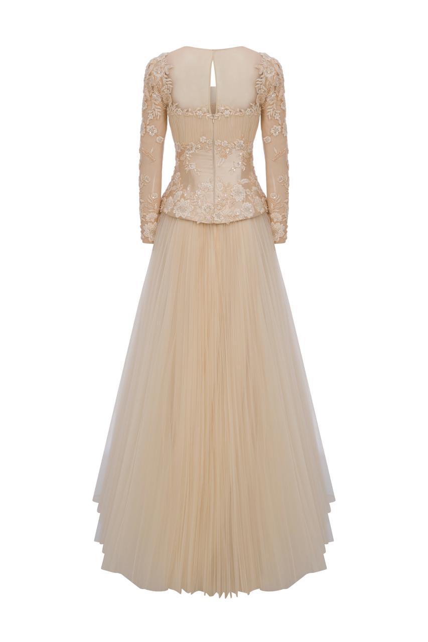 Li Beirut M1191 – Embroidered Long Sleeve Evening Dress in Nude & Yellow