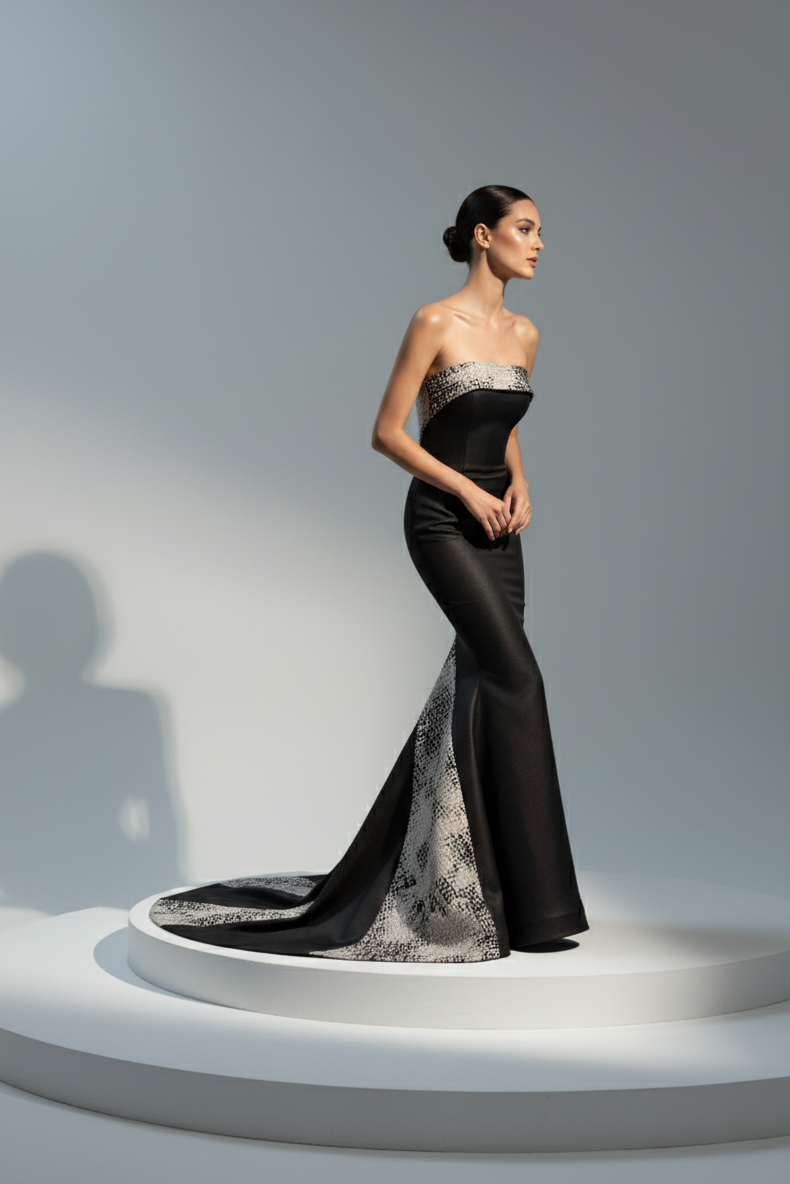 Li Beirut M1195 – Strapless Black Satin Evening Gown with Silver Jacquard Train
