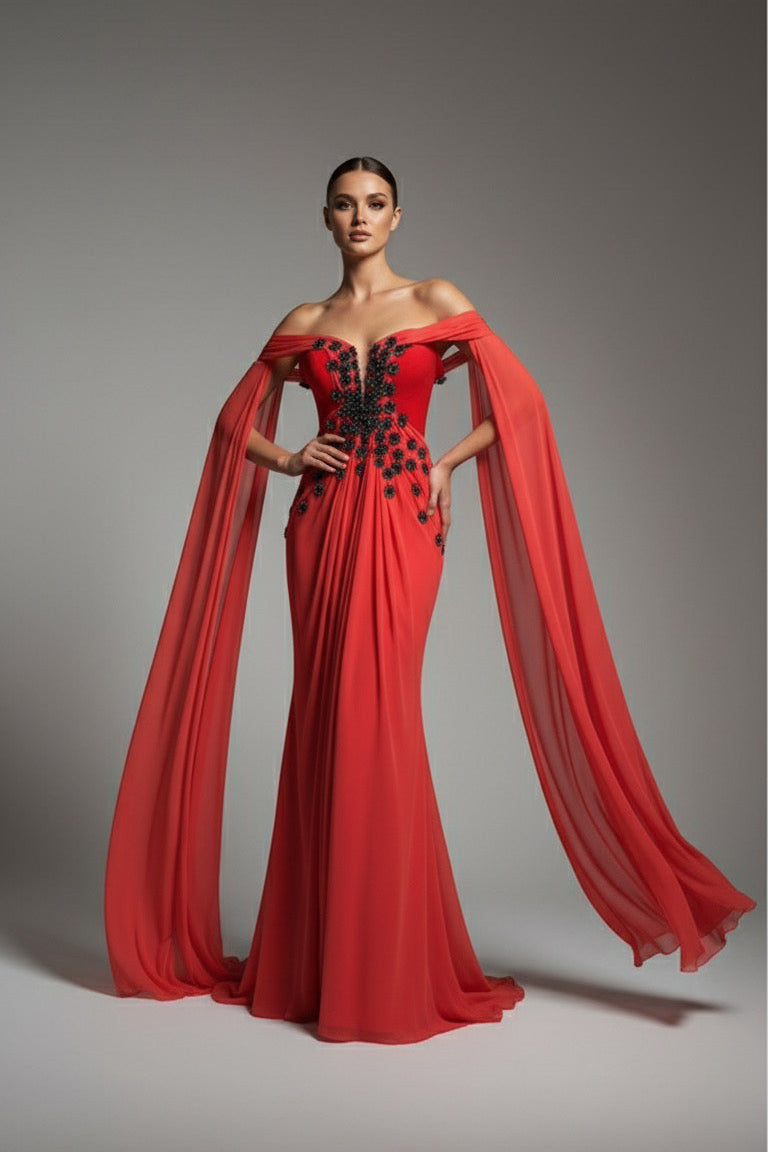 Li Beirut M1197 – Off-Shoulder Red Chiffon Cape Evening Gown with Black Embellishments