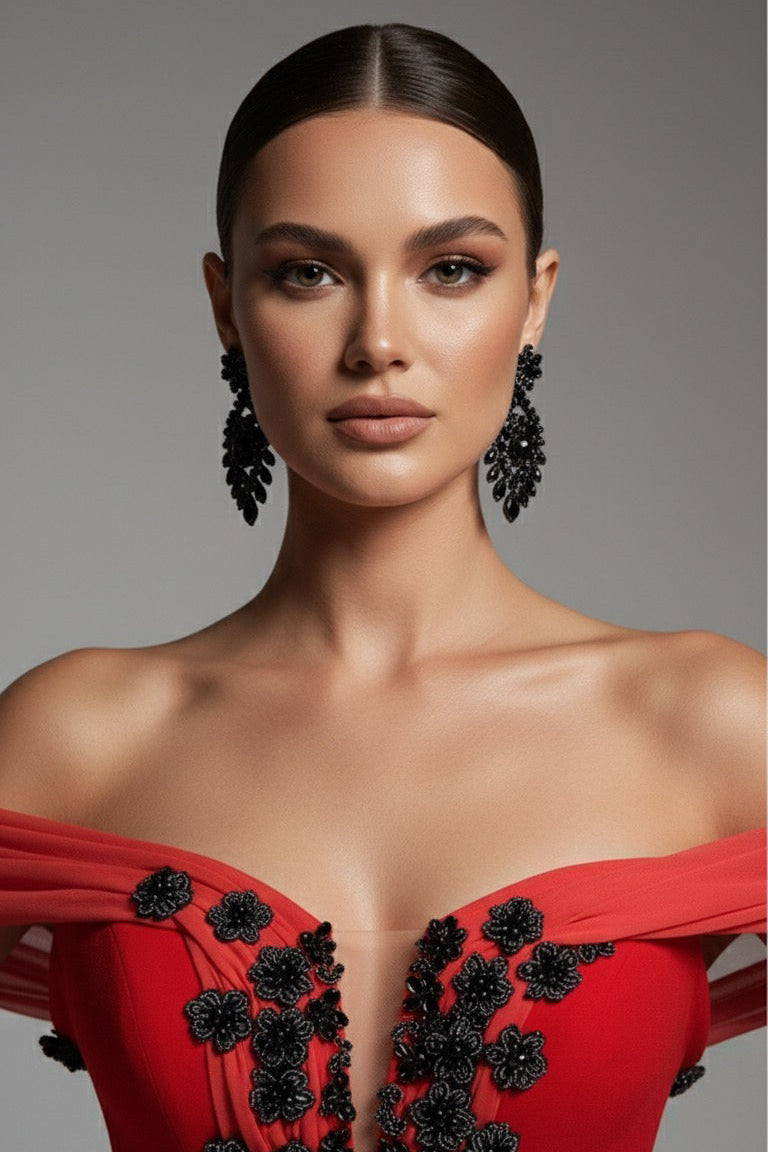 Li Beirut M1197 – Off-Shoulder Red Chiffon Cape Evening Gown with Black Embellishments