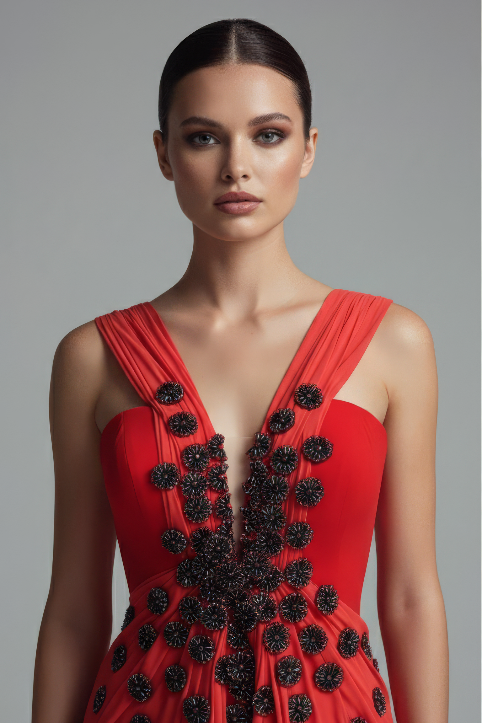Li Beirut M1197A – Red Embellished Chiffon Evening Dress with Floral Appliqué