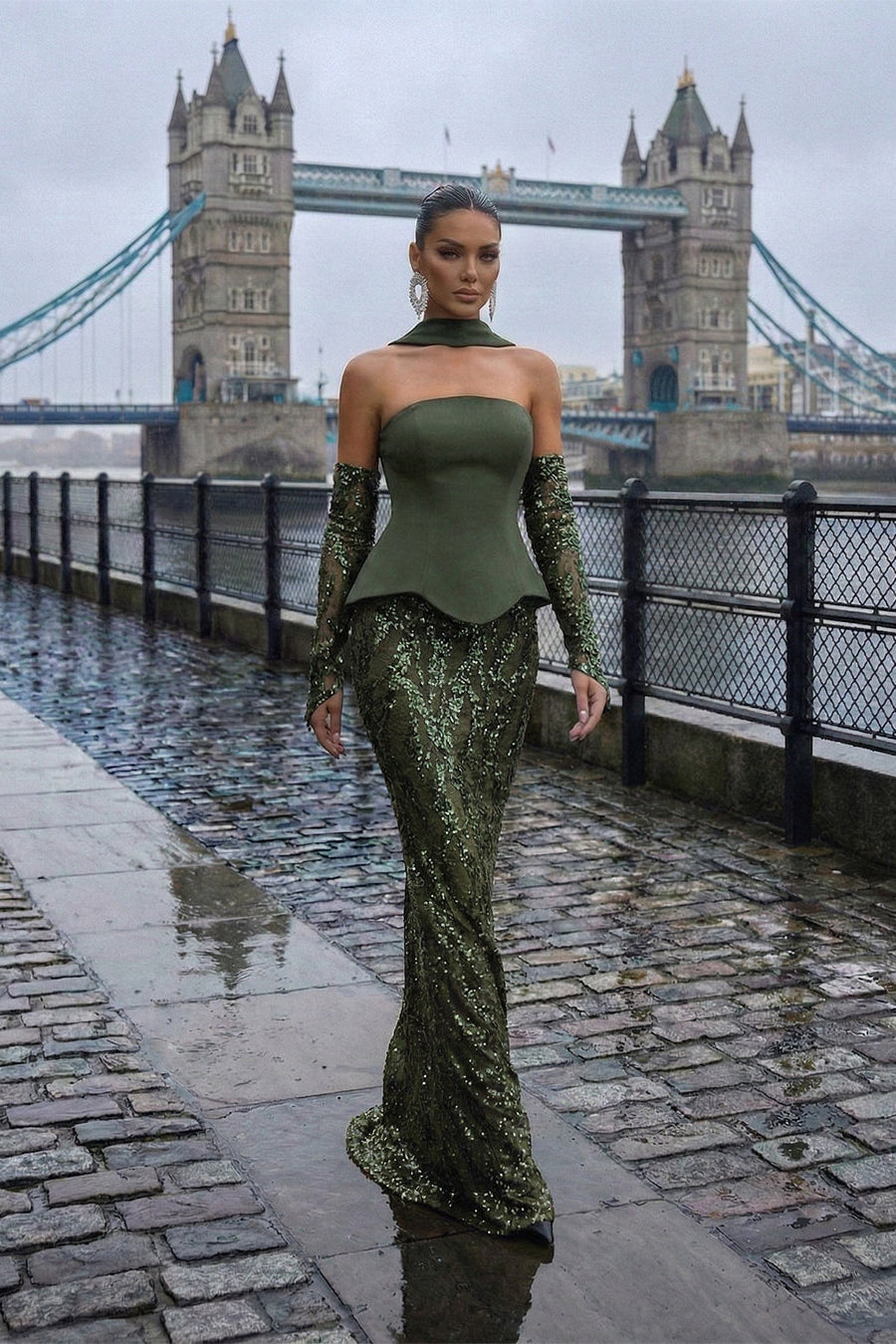 Li Beirut M1205 – Strapless Navy Sequin Mermaid Evening Gown with Cape Gloves