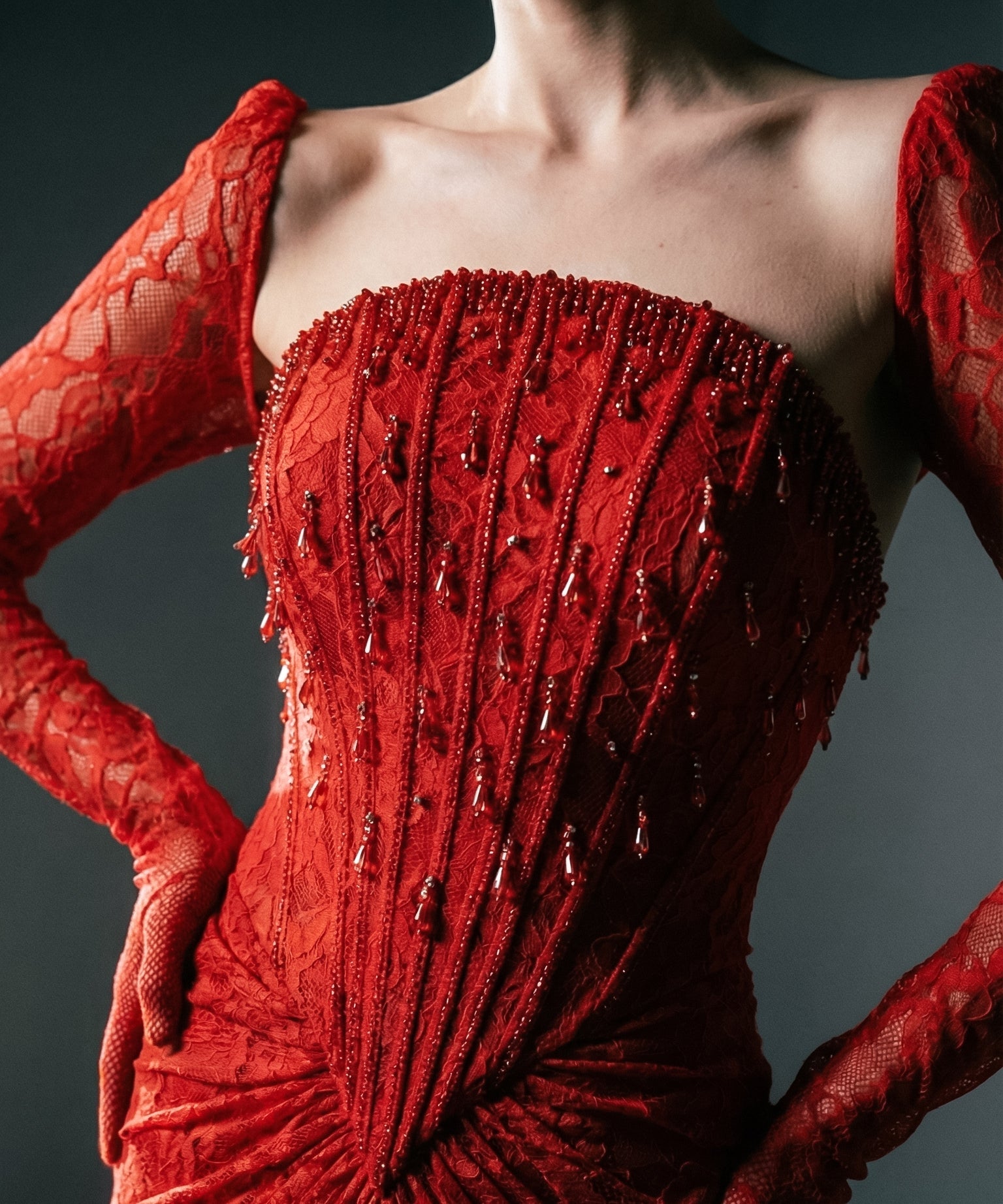 Li Beirut M1206 – One-Shoulder Red Lace Mermaid Evening Gown