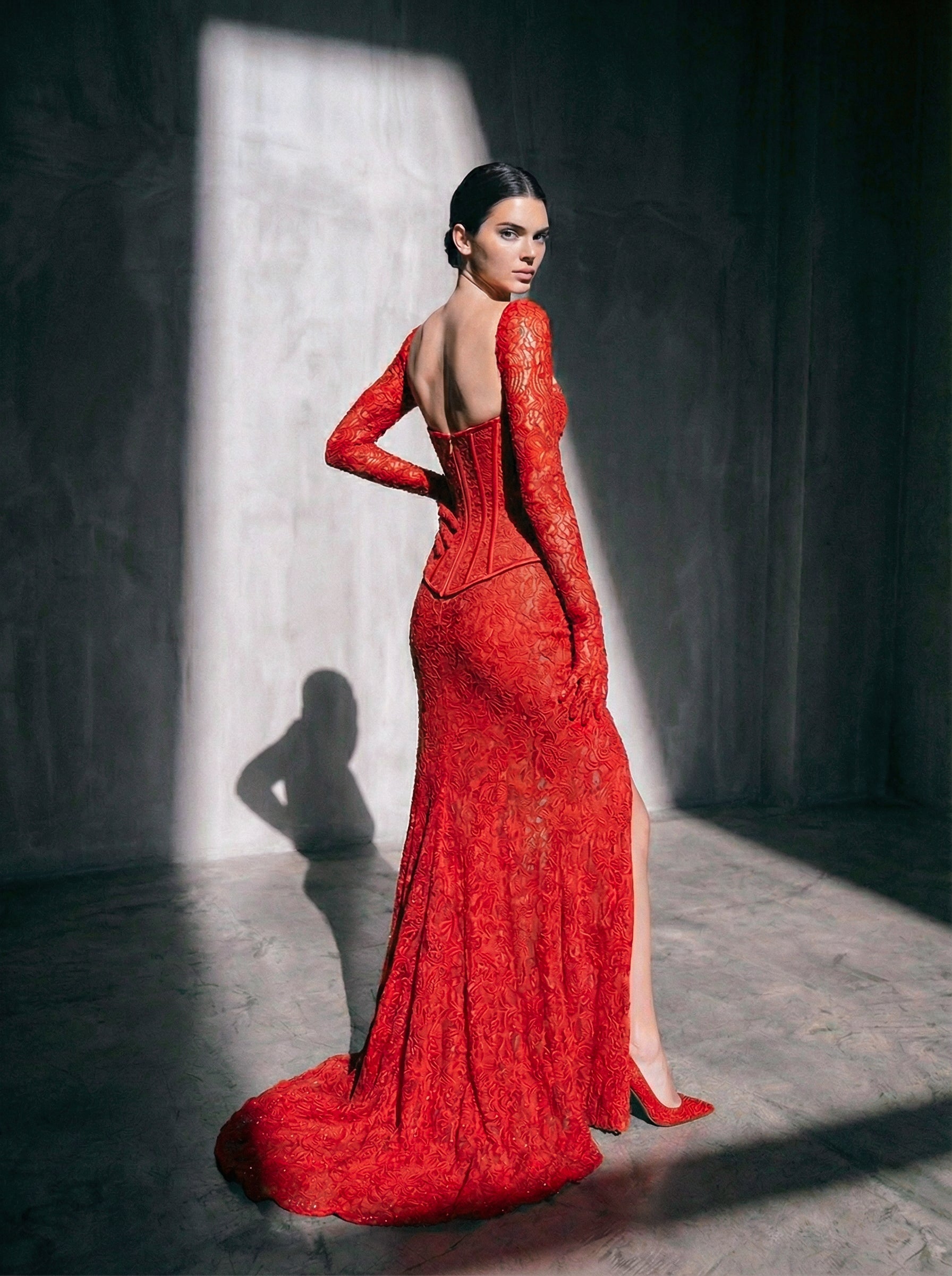 Li Beirut M1206 – One-Shoulder Red Lace Mermaid Evening Gown