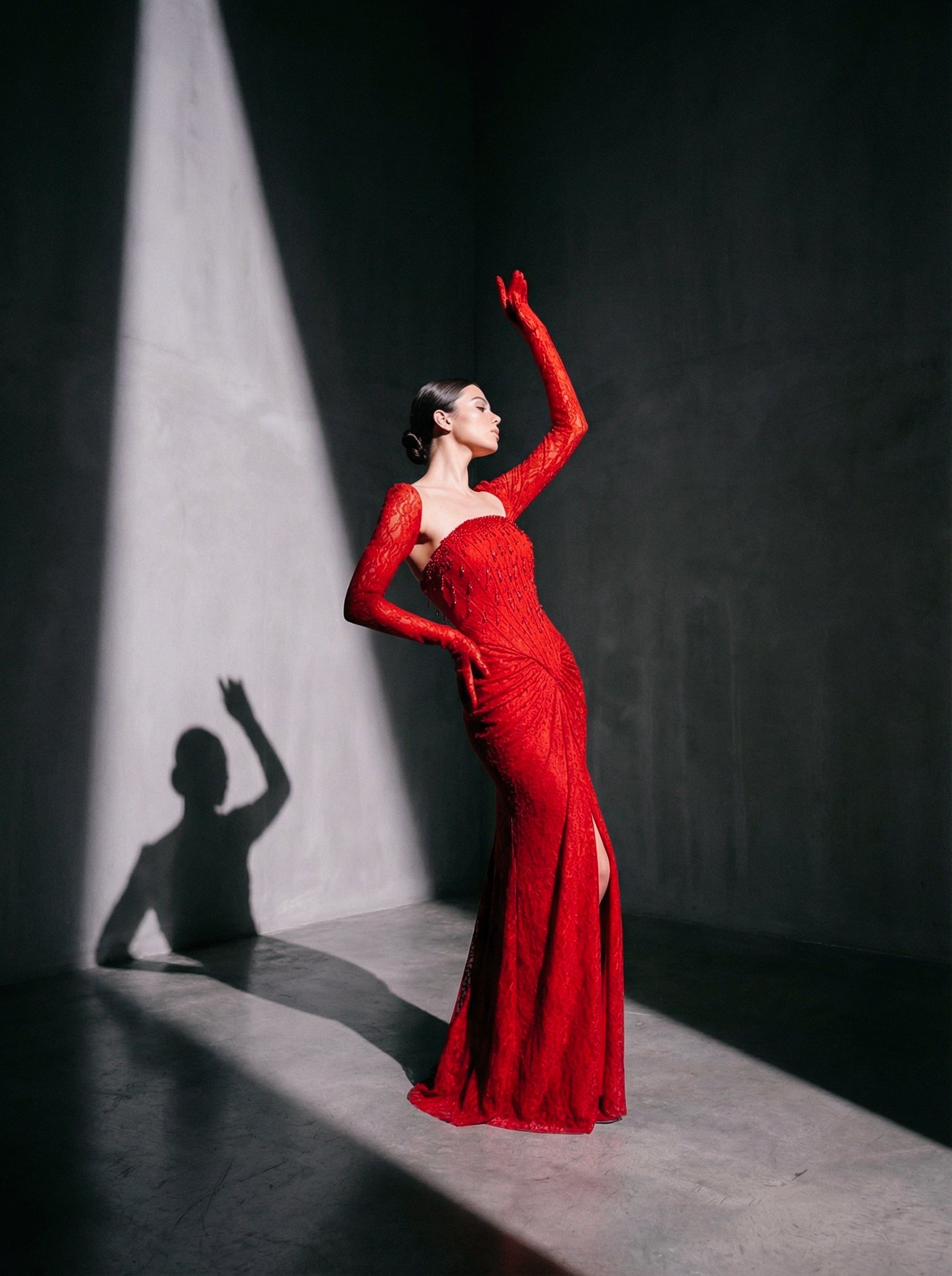 Li Beirut M1206 – One-Shoulder Red Lace Mermaid Evening Gown