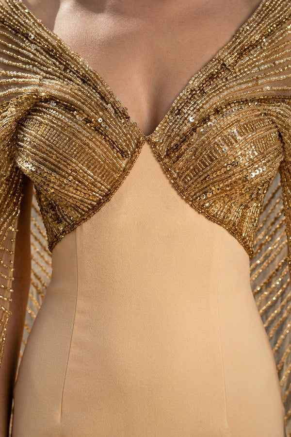 Li Beirut M1207 – Off-Shoulder Gold Beaded Cape Mermaid Evening Gown